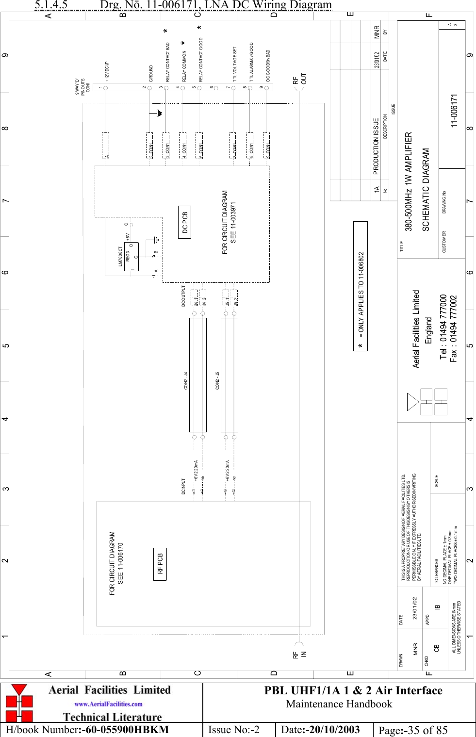 PBL UHF1/1A 1 &amp; 2 Air InterfaceMaintenance HandbookH/book Number:-60-055900HBKM Issue No:-2 Date:-20/10/2003 Page:-35 of 855.1.4.5           Drg. Nō. 11-006171, LNA DC Wiring Diagram380-500MHz 1W AMPLIFIERSCHEMATIC DIAGRAM11-0061711AMNR 23/01/02BYDAT EDE SCRIPT IO NNoISSUE123456789ABCDEF1 23456789ABCDEFFax : 01494 777002Tel : 01494 777000Aerial Facilities LimitedTHIS IS A PROPRIETARY DESIG N O F AERIAL FACIL ITIES LTD.REP RO DUCT IO N O R USE O F T HIS DESIG N BY O THERS ISPERMISSIBLE O NL Y IF EXPRESSLY AUTHORISED IN WRITINGBY AERIAL  FACILITIES L TD.NO  DECIM AL  PL ACE  ±  1 mmONE DECIMAL  PL ACE ±  0.3mmTWO  DECIMAL  PLACES ± 0 .1 mmAL L  DIMENSIO NS ARE IN mmUNL ESS OTHERWISE STATEDCHKDDRAWN        APPDDATETO LERANCES SCALEEnglandCUST O MER                      DRAWING .NoTITLE3ALM7808CTREG 3GIO+6V 220mA-ve+6V 220mA-veJ4   1CO N2  -  J5CO N2  -  J4J4   2J5   1J5   2DC INPUT DC O UTPUTRF PCBFOR CIRCUIT DIAGRAMSEE 11-006170SEE 11-003971FOR CIRCUIT DIAGRAMDC PCB+8V CBARFINPRODUCTION ISSUE23/01/02MNROUTRFOC GOOD/0v BAD9   CON19REL AY CO NTACT G O ODREL AY CO M MO NRELAY CONTACT BADPIN OUTS9 WAY &apos;D&apos;TTL  VOL TAG E SETTTL  ALARM/0v GO O DGROUND+12V DC I/P7   CON18   CON15   CON14   CON168754A3   CON12   CON132CO N11***= ONLY APPLIES TO 11-006802*CB IB