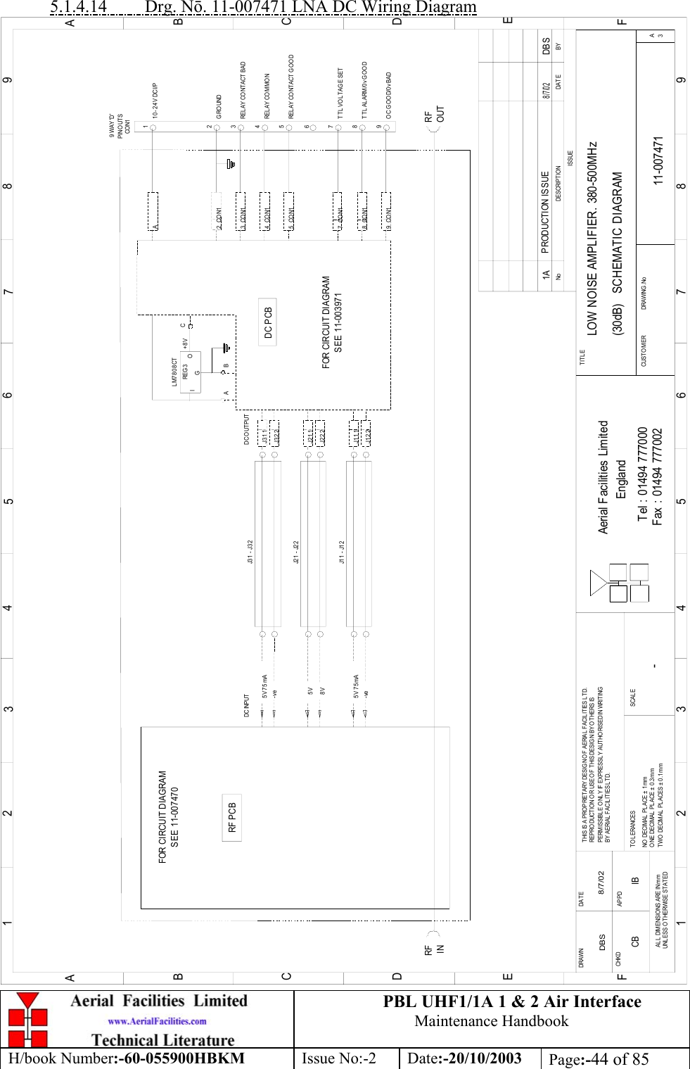 PBL UHF1/1A 1 &amp; 2 Air InterfaceMaintenance HandbookH/book Number:-60-055900HBKM Issue No:-2 Date:-20/10/2003 Page:-44 of 855.1.4.14         Drg. Nō. 11-007471 LNA DC Wiring DiagramLOW NOISE AMPLIFIER. 380-500MHz(30dB)   SCHEMATIC DIAGRAM11-0074711A-DBS 8/7/02BYDAT EDE SCRIP T IO NNoISSUE123456789ABCDEF1 23456789ABCDEFFax : 01494 777002Tel : 01494 777000Aerial Facilities LimitedTHIS IS A PRO PRIETARY DESIGN OF AERIAL  FACIL ITIES L TD.REP RO DUCT IO N O R USE O F T HIS DESIG N BY O THERS ISPERMISSIBLE O NL Y IF EXPRESSLY AUTHORISED IN WRITINGBY AERIAL  FACILITIES LTD.NO  DECIM AL  PL ACE  ±  1 mmONE DECIMAL  PL ACE ±  0.3mmTWO  DECIMAL  PLACES ± 0 .1 mmAL L  DIMENSIO NS ARE IN mmUNL ESS OTHERWISE STATEDCHKDDRAWN        APPDDATETO LERANCES SCALEEnglandCUST O M ER                      DRAWING .NoTITLE3ALM7808CTREG 3GIO8V-veJ11 - J12J21 - J22DC INPUT DC O UTPUTRF PCBFOR CIRCUIT DIAGRAMSEE 11-007470SEE 11-003971FOR CIRCUIT DIAGRAMDC PCB+8V CBARFINPRODUCTION ISSUE8/7/02DBSOUTRFOC GOOD/0v BAD9   CON19REL AY CO NTACT G O ODREL AY CO MMO NRELAY CONTACT BADPIN OUTS9 WAY &apos;D&apos;TTL  VOL TAG E SETTTL  ALARM/0v GO O DGROUND10-24V DC I/P7   CON18   CON15   CON14   CON168754A3   CON12   CON132CO N115V 75mA-veJ31 - J32J31 1J32 2J22 2J21 1J12 2J11 15V 5V 75mACB IB