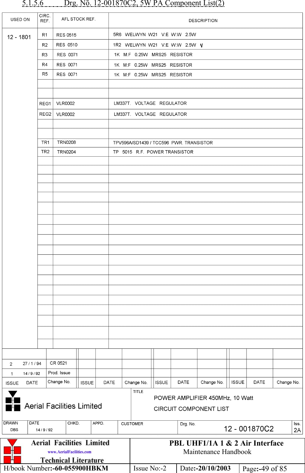 PBL UHF1/1A 1 &amp; 2 Air InterfaceMaintenance HandbookH/book Number:-60-055900HBKM Issue No:-2 Date:-20/10/2003 Page:-49 of 855.1.5.6           Drg. Nō. 12-001870C2, 5W PA Component List(2)