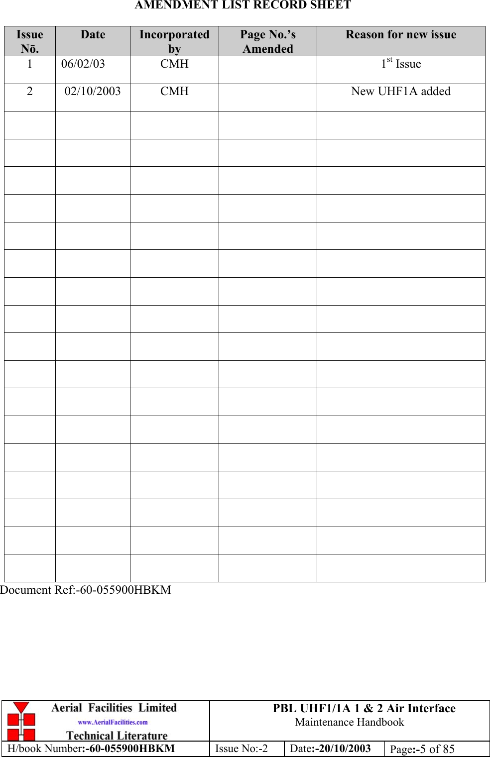 PBL UHF1/1A 1 &amp; 2 Air InterfaceMaintenance HandbookH/book Number:-60-055900HBKM Issue No:-2 Date:-20/10/2003 Page:-5 of 85AMENDMENT LIST RECORD SHEETIssueNō.Date IncorporatedbyPage No.’sAmendedReason for new issue1 06/02/03 CMH 1st Issue2 02/10/2003 CMH New UHF1A addedDocument Ref:-60-055900HBKM