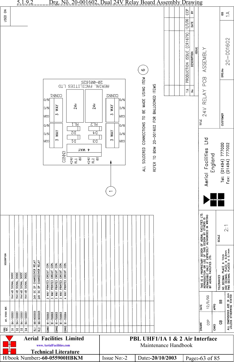 PBL UHF1/1A 1 &amp; 2 Air InterfaceMaintenance HandbookH/book Number:-60-055900HBKM Issue No:-2 Date:-20/10/2003 Page:-63 of 855.1.9.2           Drg. Nō. 20-001602, Dual 24V Relay Board Assembly Drawing