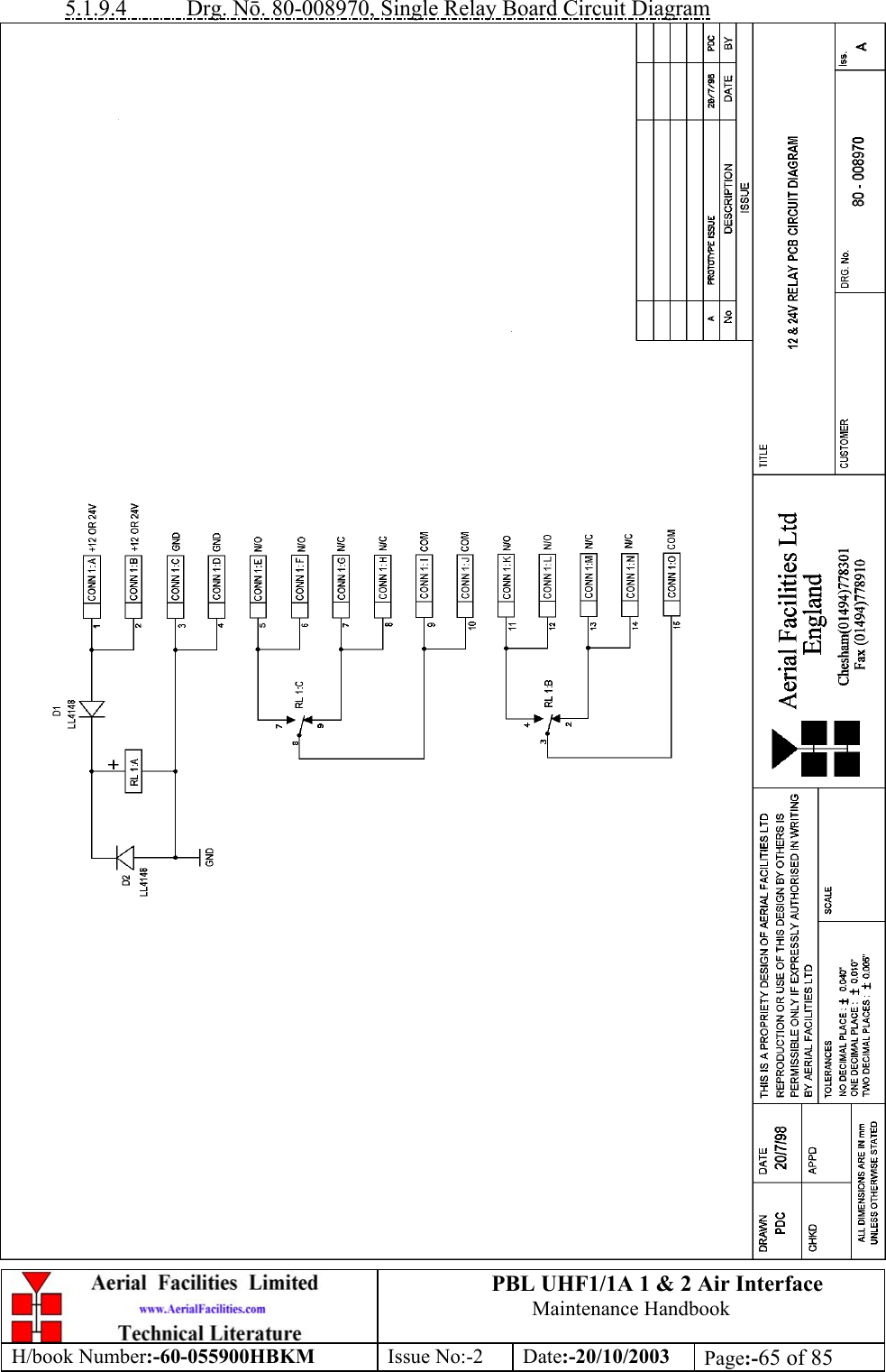 PBL UHF1/1A 1 &amp; 2 Air InterfaceMaintenance HandbookH/book Number:-60-055900HBKM Issue No:-2 Date:-20/10/2003 Page:-65 of 855.1.9.4           Drg. Nō. 80-008970, Single Relay Board Circuit Diagram