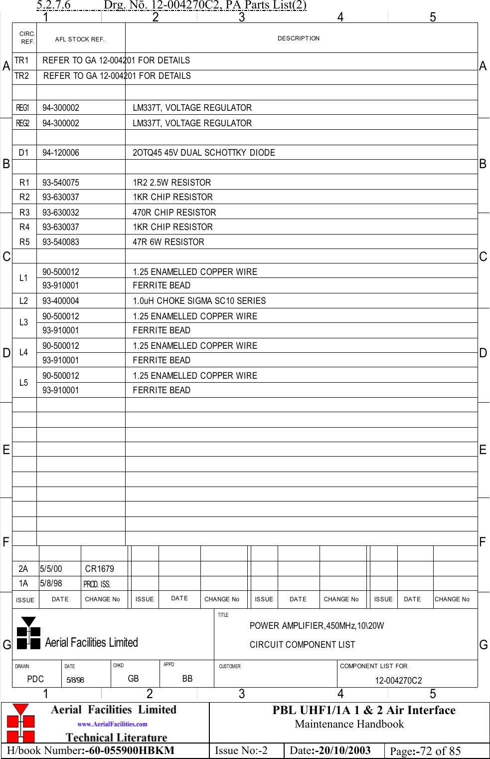 PBL UHF1/1A 1 &amp; 2 Air InterfaceMaintenance HandbookH/book Number:-60-055900HBKM Issue No:-2 Date:-20/10/2003 Page:-72 of 855.2.7.6           Drg. Nō. 12-004270C2, PA Parts List(2)CIRC. DESCRIPT IONAFL STOCK REF.REF.CHANGE NoCHANGE NoCHANGE NoCHANGE No DAT EDAT EDAT EDAT E ISSUEISSUEISSUEISSUE1234554321ABCDEFGABCDEFGAerial Facilities LimitedDRAWN DAT E APPDCHKD CUST OMERTITLECOMPONENT LIST FORPOWER AMPLIFIER,450MHz,10\20WCIRCUIT COMPONENT LIST12-004270C2 PDC5/8/985/8/98PROD. ISS.REG1REG294-300002 LM337T, VOLTAGE REGULATORLM337T, VOLTAGE REGULATOR94-300002D1 94-120006 2OTQ45 45V DUAL SCHOTTKY DIODER1R2R4R3R593-540075 1R2 2.5W RESISTOR1KR CHIP RESISTOR93-63003747R 6W RESISTOR93-5400831KR CHIP RESISTOR93-630037470R CHIP RESISTOR93-630032L2 93-400004 1.0uH CHOKE SIGMA SC10 SERIES93-910001 FERRITE BEADFERRITE BEAD93-910001FERRITE BEAD93-910001FERRITE BEAD93-910001L1L4L590-500012 1.25 ENAMELLED COPPER WIRE1.25 ENAMELLED COPPER WIRE90-5000121.25 ENAMELLED COPPER WIRE90-5000121.25 ENAMELLED COPPER WIRE90-5000125/5/002A CR16791AL3TR1TR2REFER TO GA 12-004201 FOR DETAILSREFER TO GA 12-004201 FOR DETAILSGB BB