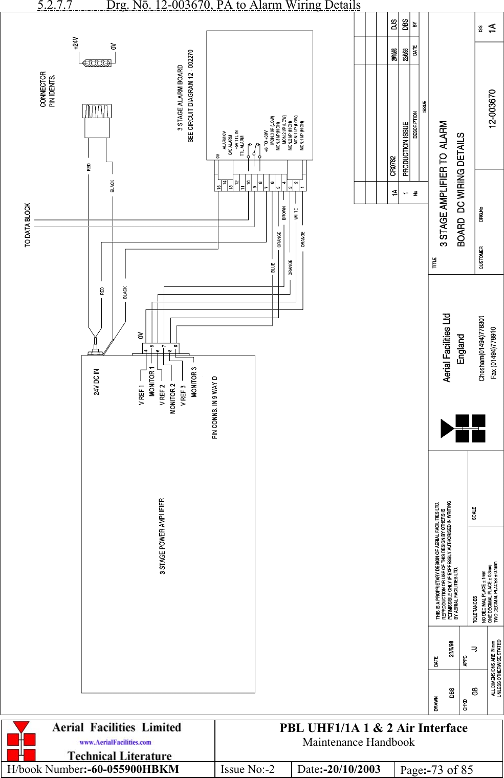 PBL UHF1/1A 1 &amp; 2 Air InterfaceMaintenance HandbookH/book Number:-60-055900HBKM Issue No:-2 Date:-20/10/2003 Page:-73 of 855.2.7.7           Drg. Nō. 12-003670, PA to Alarm Wiring Details