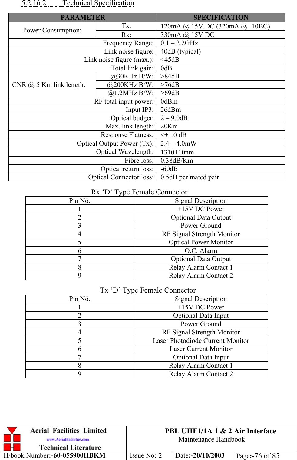 PBL UHF1/1A 1 &amp; 2 Air InterfaceMaintenance HandbookH/book Number:-60-055900HBKM Issue No:-2 Date:-20/10/2003 Page:-76 of 855.2.16.2         Technical SpecificationPARAMETER SPECIFICATIONTx: 120mA @ 15V DC (320mA @ -10ΒC)Power Consumption: Rx: 330mA @ 15V DCFrequency Range: 0.1 – 2.2GHzLink noise figure: 40dB (typical)Link noise figure (max.): &lt;45dBTotal link gain: 0dB@30KHz B/W: &gt;84dB@200KHz B/W: &gt;76dBCNR @ 5 Km link length:@1.2MHz B/W: &gt;69dBRF total input power: 0dBmInput IP3: 26dBmOptical budget: 2 – 9.0dBMax. link length: 20KmResponse Flatness: &lt;±1.0 dBOptical Output Power (Tx): 2.4 – 4.0mWOptical Wavelength: 1310±10nmFibre loss: 0.38dB/KmOptical return loss: -60dBOptical Connector loss: 0.5dB per mated pairRx ‘D’ Type Female ConnectorPin Nō. Signal Description1 +15V DC Power2 Optional Data Output3 Power Ground4 RF Signal Strength Monitor5 Optical Power Monitor6 O.C. Alarm7 Optional Data Output8 Relay Alarm Contact 19 Relay Alarm Contact 2Tx ‘D’ Type Female ConnectorPin Nō. Signal Description1 +15V DC Power2 Optional Data Input3 Power Ground4 RF Signal Strength Monitor5 Laser Photodiode Current Monitor6 Laser Current Monitor7 Optional Data Input8 Relay Alarm Contact 19 Relay Alarm Contact 2