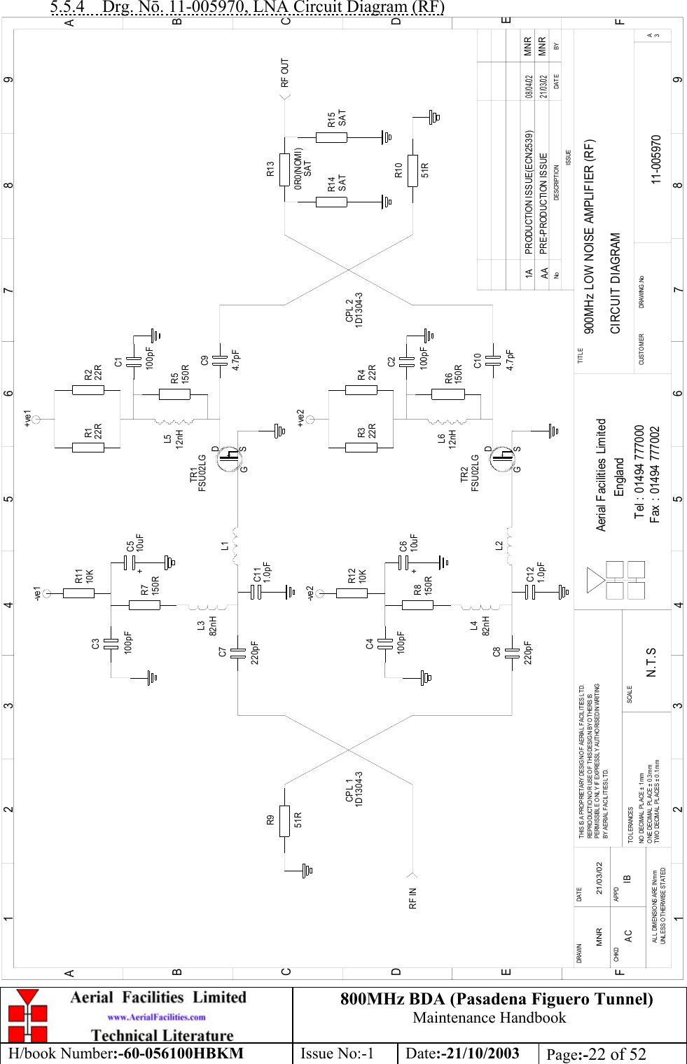 800MHz BDA (Pasadena Figuero Tunnel)Maintenance HandbookH/book Number:-60-056100HBKM Issue No:-1 Date:-21/10/2003 Page:-22 of 525.5.4    Drg. Nō. 11-005970, LNA Circuit Diagram (RF)900MHz LOW NOISE AMPLIFIER (RF)CIRCUIT DIAGRAM11-005970AAN.T.SMNR 21/03/02C8TR2R8C4C6R12R6C2R3 R4C10TR1R11C3C7C5R7R1 R2R5C9C1R9R10R13R14 R15C12C11BYDAT EDES CRIP TIO NNoISSUE1 23456789ABCDEF123456789ABCDEFFax : 01494 777002Tel : 01494 777000Aerial Facilities LimitedTHIS IS A PRO PRIET ARY DESIG N O F  AERIAL  FACIL IT IES L TD.REP RO DUCT IO N O R USE O F THIS DESIG N BY O THERS ISPERMISSIBLE O NLY IF EXPRESSLY AUTHORISED IN WRITINGBY AERIAL  FACILITIES LTD.NO  DECIM AL  PL ACE  ±  1 mmONE DECIMAL  PL ACE ±  0 .3mmTWO  DECIMAL  PL ACES ± 0 .1 mmAL L  DIMENSIO NS ARE IN m mUNLESS O THERWISE STATEDCHKDDRAWN        APPDDATET O L ERANCES SCALEEnglandCUST O MER                      DRAWING.NoTITLE3ASGDSGDCPL 1 CPL 2-ve2+ve2-ve1+ve1RF INRF OUT51R51R0R0(NOMI)220pF100pF100pFL2L482nH150R10K22R 22R150R12nHL64.7pF220pF82nHL3L1150R10uF100pF10uF10K12nHL54.7pF150R100pF22R22RPRE-PRODUCTION ISSUE21/03/02MNR1.0pF1.0pF++SATSAT SAT1D1304-3 1D1304-3FSU02LGFSU02LGPRODUCTION ISSUE(ECN2539) MNR08/04/021AAC IB