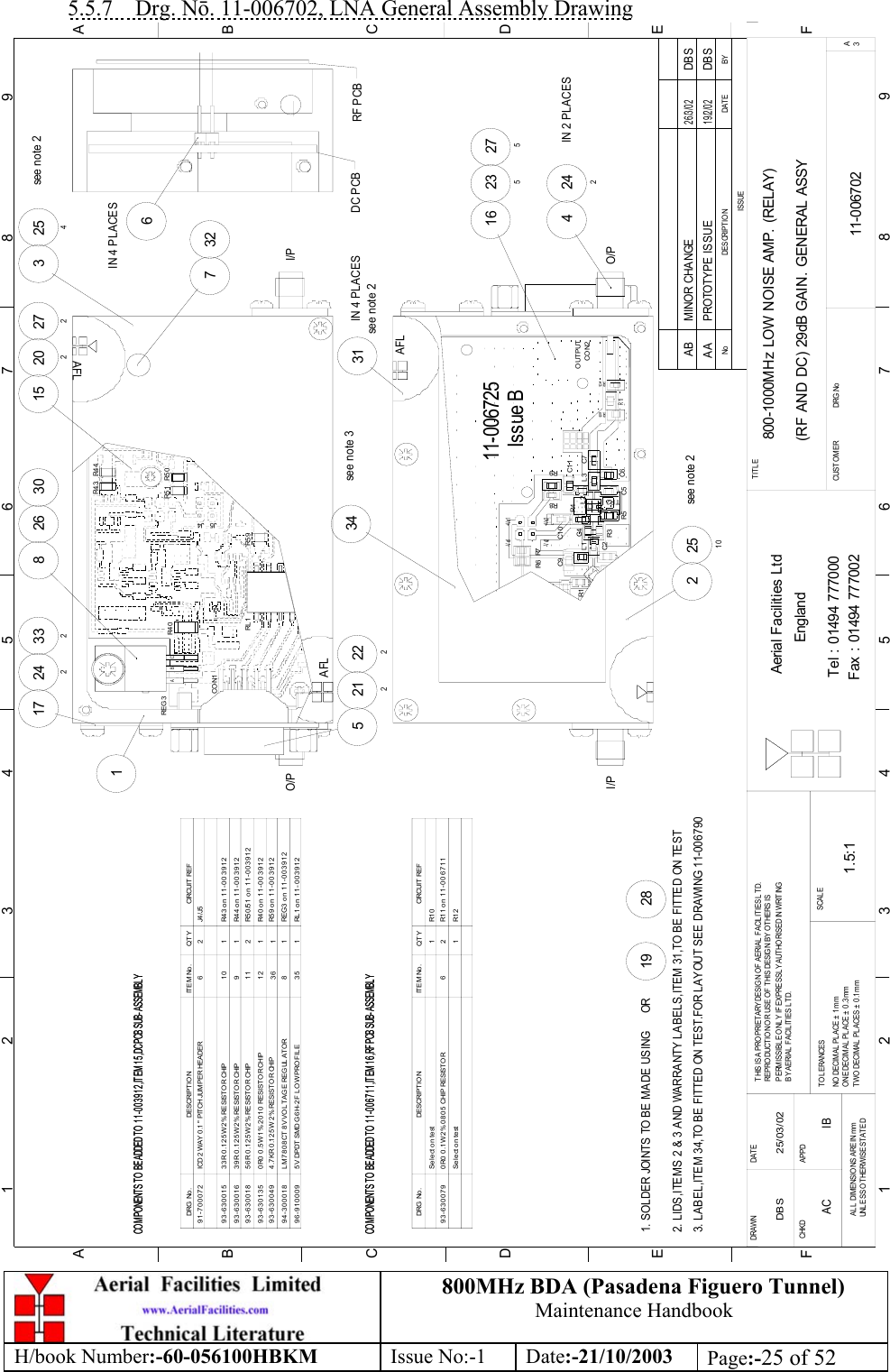 800MHz BDA (Pasadena Figuero Tunnel)Maintenance HandbookH/book Number:-60-056100HBKM Issue No:-1 Date:-21/10/2003 Page:-25 of 525.5.7    Drg. Nō. 11-006702, LNA General Assembly Drawing800-1000MHz LOW NOISE AMP. (RELAY)(RF AND DC) 29dB GAIN. GENERAL ASSY11-006702AA1.5:1DBS 25/03/0219 28222212265242117 3328 33271530 2722026IN 4 PLACES254see note 22510see note 231IN 4 PLACES234see note 3242IN 2 PLACES427516 235BYDAT EDES CRIPTIO NNoISSUE1 23 456 78 9ABCDEF123456789FEDABCFax : 01494 777002Tel : 01494 777000Aerial Facilities LtdTWO DECIMAL  PLACES ±  0 .1mmONE DECIMAL  PL ACE ± 0 .3 mmNO  DECIMAL  PL ACE ±  1 mmBY AERIAL  F ACIL IT IES L TD.PERMISSIBLE ONLY IF EXPRESSL Y AUTHORISED IN WRITINGREPRODUCTION OR USE OF THIS DESIGN BY OTHERS ISTHIS IS A PROPRIETARY DESIGN OF AERIAL FACILITIES LTD.DRAWN        CHKDAL L  DIM ENSIO NS ARE IN mmUNL ESS O THERWISE STAT EDAPPDDAT ET O L ERANCES SCALEEnglandCUSTO MER                      DRG .NoTITLEA3PROTOTYPE ISSUE19/2/02DBS1. SOLDER JOINTS TO BE MADE USING      OR2. LIDS,ITEMS 2 &amp; 3 AND WARRANTY LABELS,ITEM 31,TO BE FITTED ON TEST3. LABEL,ITEM 34,TO BE FITTED ON TEST.FOR LAYOUT SEE DRAWING 11-006790COMPONENTS TO BE ADDED TO 11-003912,ITEM 15,DC PCB SUB-ASSEMBLYAFLO/PCO N1RL 1REG 3ACBR4 0I/PJ4J5R4 3 R4 4R5 1 R5 0AFLDC PCB RF PCBCOMPONENTS TO BE ADDED TO 11-006711,ITEM 16,RF PCB SUB-ASSEMBLYsee note 2R6C9I/PR1Issue BC5R4C2 R3L1 C4R5TR2L2-Ve2C1 0R7+V e2R8C7C6L3R9C1 1CO N2OUTPUTR12R10R1111-006725-Ve1 +V e1AFLO/P0R0 0.1W 2% 0805 CHIP RESISTOR93-630079Select on testSelect on testDESCRIPTIO NDRG  No.R11 on 11-006711CIRCUIT  REF6ITEM No.R1 0112R1 2QTYICD 2 WAY 0.1&quot; PITCH JUMPER HEADERCOMPONENTS TO BE ADDED TO 11-006711,ITEM 16,RF PCB SUB-ASSEMBLYCOMPONENTS TO BE ADDED TO 11-003912,ITEM 15,DC PCB SUB-ASSEMBLY94-30001893-63013593-63001893-63001691-70007293-630015LM7808CT 8V VOLTAGE REGULATOR56R 0.125W 2% RESISTOR CHIP0R0 0.5W 1% 2010 RESISTOR CHIPDESCRIPTIO N33R 0.125W 2% RESISTOR CHIP39R 0.125W 2% RESISTOR CHIPDRG  No.REG3 on 11-003912R40 on 11-003912R50/51 on 11-00391212811112J4 /J5R44 on 11-003912CIRCUIT  REFR43 on 11-0039126109ITEM No.211QTY96-910009 5V DPDT SMD G6H-2F LOW PROFILE 35 1 RL1 on 11-0039124.7KR 0.125W 2% RESISTOR CHIP93-630049 36 1 R59 on 11-003912R5 9AC IBMINOR CHANGE DBS26/3/02AB