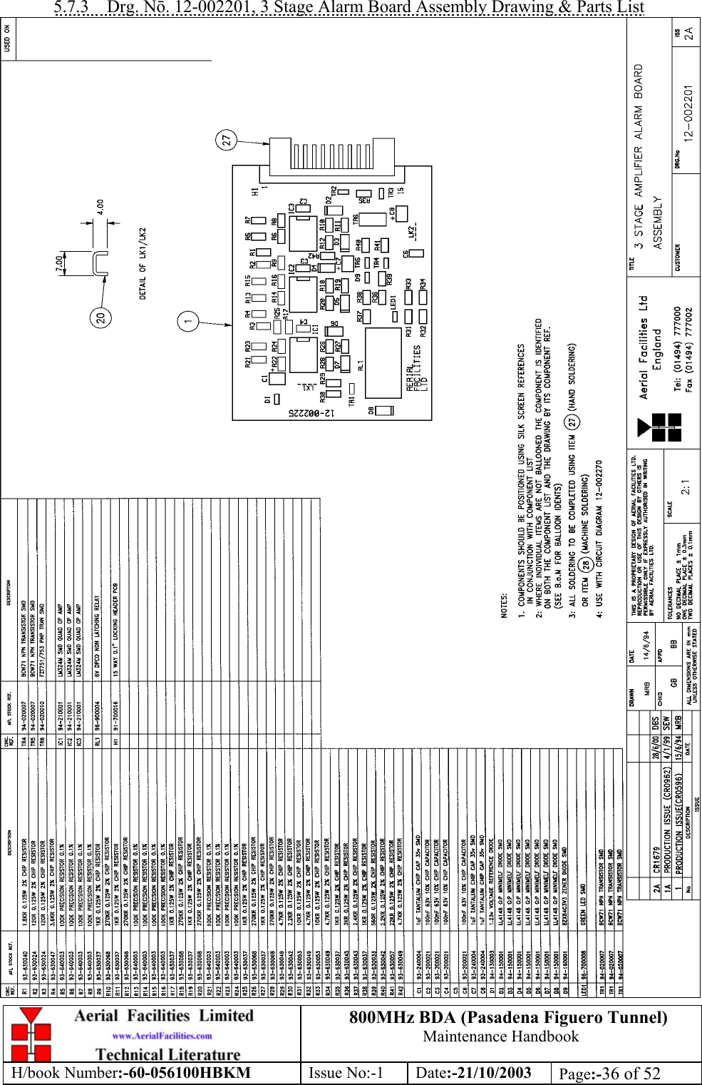 800MHz BDA (Pasadena Figuero Tunnel)Maintenance HandbookH/book Number:-60-056100HBKM Issue No:-1 Date:-21/10/2003 Page:-36 of 525.7.3    Drg. Nō. 12-002201, 3 Stage Alarm Board Assembly Drawing &amp; Parts List