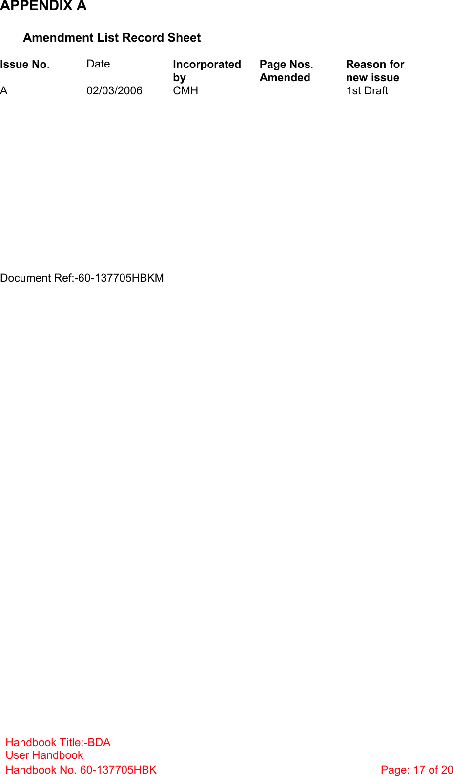 Handbook Title:-BDA User Handbook Handbook No. 60-137705HBK  Page: 17 of 20   APPENDIX A  Amendment List Record Sheet  Issue No.  Date  Incorporated by Page Nos. Amended Reason for  new issue A 02/03/2006 CMH   1st Draft                               Document Ref:-60-137705HBKM   