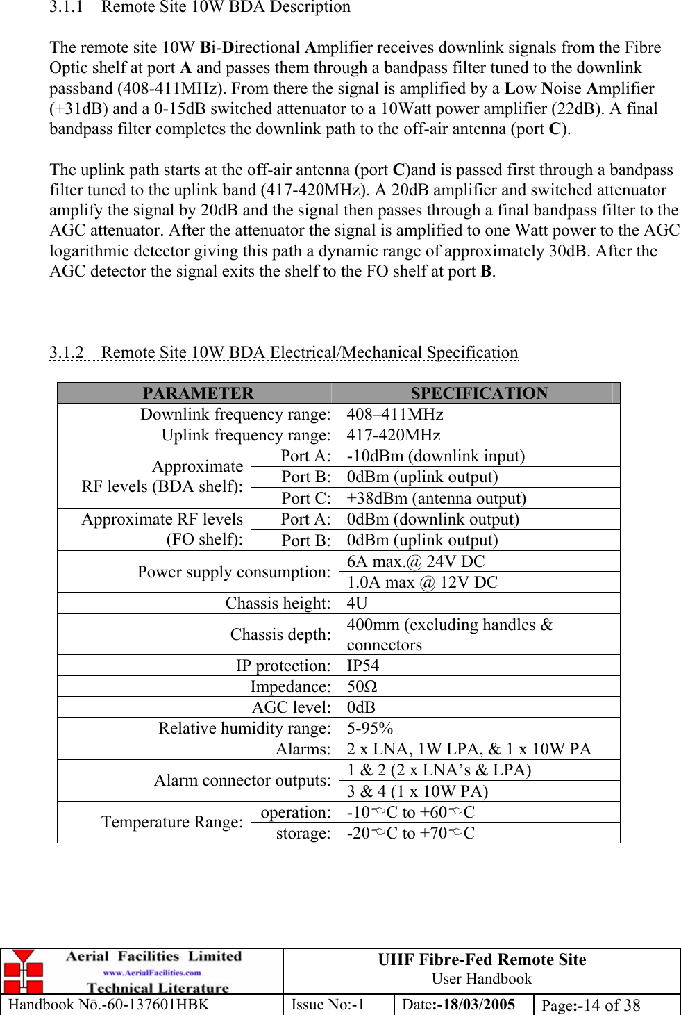 UHF Fibre-Fed Remote Site User Handbook Handbook N.-60-137601HBK Issue No:-1 Date:-18/03/2005  Page:-14 of 38    3.1.1  Remote Site 10W BDA Description  The remote site 10W Bi-Directional Amplifier receives downlink signals from the Fibre Optic shelf at port A and passes them through a bandpass filter tuned to the downlink passband (408-411MHz). From there the signal is amplified by a Low Noise Amplifier (+31dB) and a 0-15dB switched attenuator to a 10Watt power amplifier (22dB). A final bandpass filter completes the downlink path to the off-air antenna (port C).  The uplink path starts at the off-air antenna (port C)and is passed first through a bandpass filter tuned to the uplink band (417-420MHz). A 20dB amplifier and switched attenuator amplify the signal by 20dB and the signal then passes through a final bandpass filter to the AGC attenuator. After the attenuator the signal is amplified to one Watt power to the AGC logarithmic detector giving this path a dynamic range of approximately 30dB. After the AGC detector the signal exits the shelf to the FO shelf at port B.    3.1.2  Remote Site 10W BDA Electrical/Mechanical Specification  PARAMETER  SPECIFICATION Downlink frequency range: 408–411MHz Uplink frequency range: 417-420MHz Port A: -10dBm (downlink input) Port B: 0dBm (uplink output) Approximate RF levels (BDA shelf):  Port C: +38dBm (antenna output) Port A: 0dBm (downlink output) Approximate RF levels (FO shelf):  Port B: 0dBm (uplink output) 6A max.@ 24V DC Power supply consumption: 1.0A max @ 12V DC Chassis height: 4U Chassis depth: 400mm (excluding handles &amp; connectors IP protection: IP54 Impedance: 50 AGC level: 0dB Relative humidity range: 5-95% Alarms: 2 x LNA, 1W LPA, &amp; 1 x 10W PA 1 &amp; 2 (2 x LNA’s &amp; LPA) Alarm connector outputs: 3 &amp; 4 (1 x 10W PA) operation: -10%C to +60%C Temperature Range:  storage: -20%C to +70%C  
