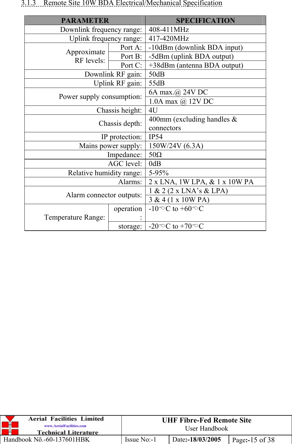 UHF Fibre-Fed Remote Site User Handbook Handbook N.-60-137601HBK Issue No:-1 Date:-18/03/2005  Page:-15 of 38   3.1.3  Remote Site 10W BDA Electrical/Mechanical Specification  PARAMETER  SPECIFICATION Downlink frequency range: 408-411MHz Uplink frequency range: 417-420MHz Port A: -10dBm (downlink BDA input) Port B: -5dBm (uplink BDA output) Approximate RF levels:  Port C: +38dBm (antenna BDA output) Downlink RF gain: 50dB Uplink RF gain: 55dB 6A max.@ 24V DC Power supply consumption: 1.0A max @ 12V DC Chassis height: 4U Chassis depth: 400mm (excluding handles &amp; connectors IP protection: IP54 Mains power supply: 150W/24V (6.3A) Impedance: 50 AGC level: 0dB Relative humidity range: 5-95% Alarms: 2 x LNA, 1W LPA, &amp; 1 x 10W PA 1 &amp; 2 (2 x LNA’s &amp; LPA) Alarm connector outputs: 3 &amp; 4 (1 x 10W PA) operation:-10%C to +60%C Temperature Range: storage: -20%C to +70%C   