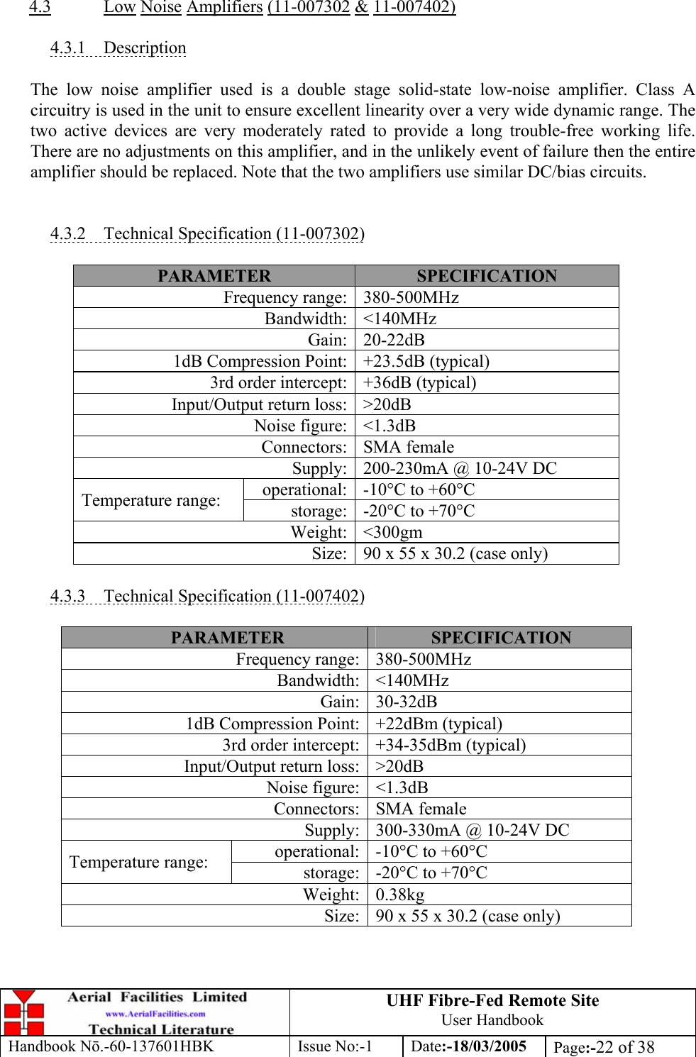 UHF Fibre-Fed Remote Site User Handbook Handbook N.-60-137601HBK Issue No:-1 Date:-18/03/2005  Page:-22 of 38   4.3 Low Noise Amplifiers (11-007302 &amp; 11-007402)  4.3.1 Description  The low noise amplifier used is a double stage solid-state low-noise amplifier. Class A circuitry is used in the unit to ensure excellent linearity over a very wide dynamic range. The two active devices are very moderately rated to provide a long trouble-free working life. There are no adjustments on this amplifier, and in the unlikely event of failure then the entire amplifier should be replaced. Note that the two amplifiers use similar DC/bias circuits.   4.3.2  Technical Specification (11-007302)  PARAMETER  SPECIFICATION Frequency range: 380-500MHz Bandwidth: &lt;140MHz Gain: 20-22dB 1dB Compression Point: +23.5dB (typical) 3rd order intercept: +36dB (typical) Input/Output return loss: &gt;20dB Noise figure: &lt;1.3dB Connectors: SMA female Supply: 200-230mA @ 10-24V DC operational: -10°C to +60°C Temperature range:  storage: -20°C to +70°C Weight: &lt;300gm Size: 90 x 55 x 30.2 (case only)  4.3.3  Technical Specification (11-007402)  PARAMETER  SPECIFICATION Frequency range: 380-500MHz Bandwidth: &lt;140MHz Gain: 30-32dB 1dB Compression Point: +22dBm (typical) 3rd order intercept: +34-35dBm (typical) Input/Output return loss: &gt;20dB Noise figure: &lt;1.3dB Connectors: SMA female Supply: 300-330mA @ 10-24V DC operational: -10°C to +60°C Temperature range:  storage: -20°C to +70°C Weight: 0.38kg Size: 90 x 55 x 30.2 (case only) 