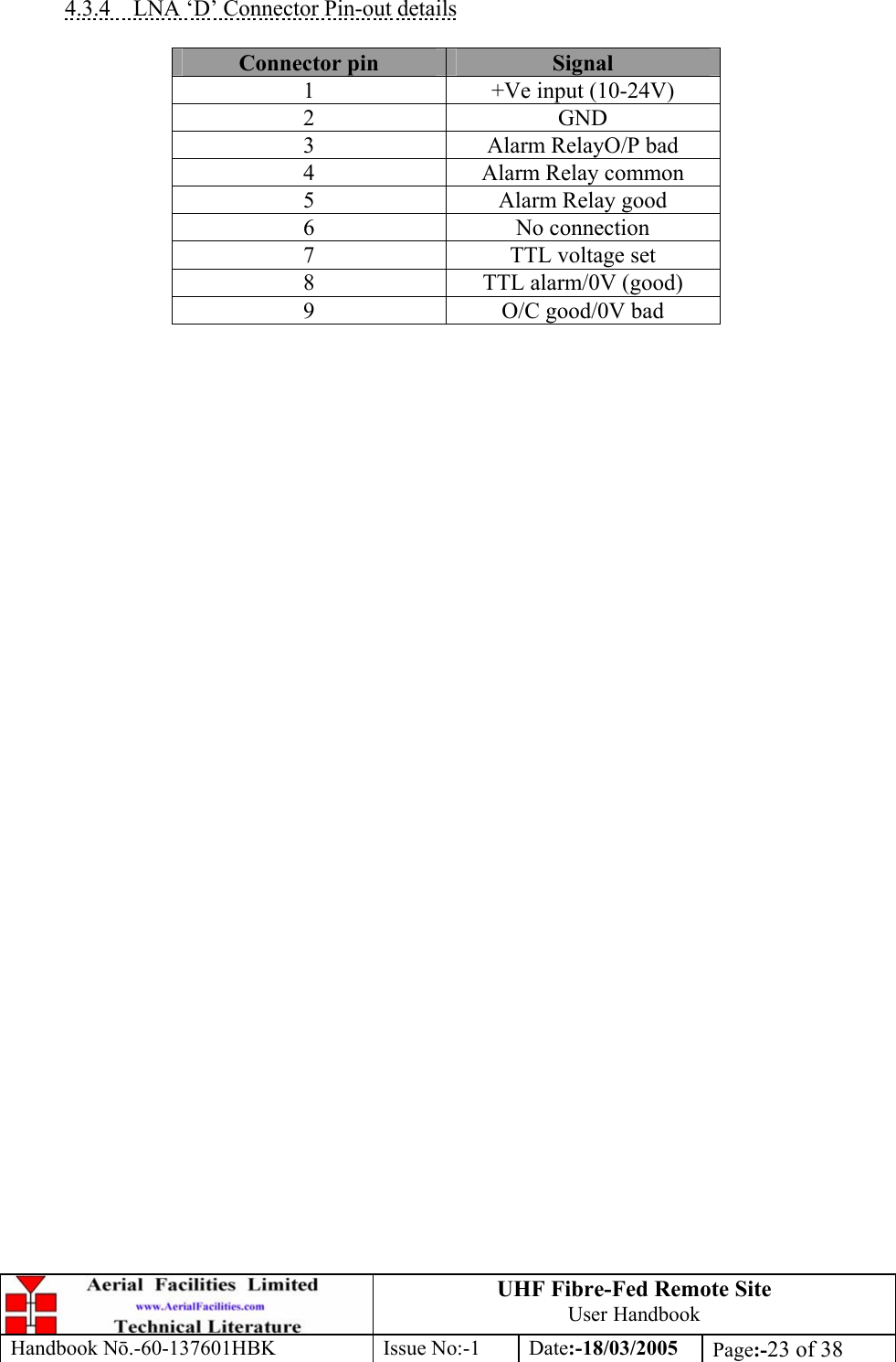 UHF Fibre-Fed Remote Site User Handbook Handbook N.-60-137601HBK Issue No:-1 Date:-18/03/2005  Page:-23 of 38   4.3.4  LNA ‘D’ Connector Pin-out details  Connector pin  Signal 1  +Ve input (10-24V) 2 GND 3  Alarm RelayO/P bad 4  Alarm Relay common 5  Alarm Relay good 6 No connection 7  TTL voltage set 8  TTL alarm/0V (good) 9  O/C good/0V bad   