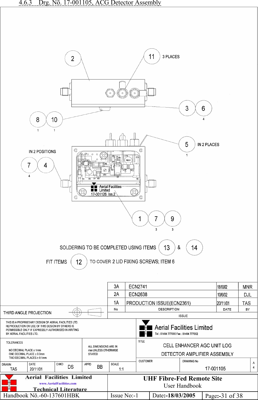 UHF Fibre-Fed Remote Site User Handbook Handbook N.-60-137601HBK Issue No:-1 Date:-18/03/2005  Page:-31 of 38  4.6.3 Drg. N. 17-001105, ACG Detector Assembly  