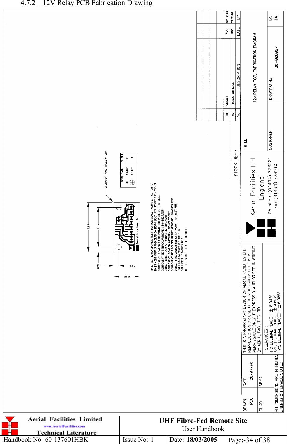 UHF Fibre-Fed Remote Site User Handbook Handbook N.-60-137601HBK Issue No:-1 Date:-18/03/2005  Page:-34 of 38  4.7.2  12V Relay PCB Fabrication Drawing  