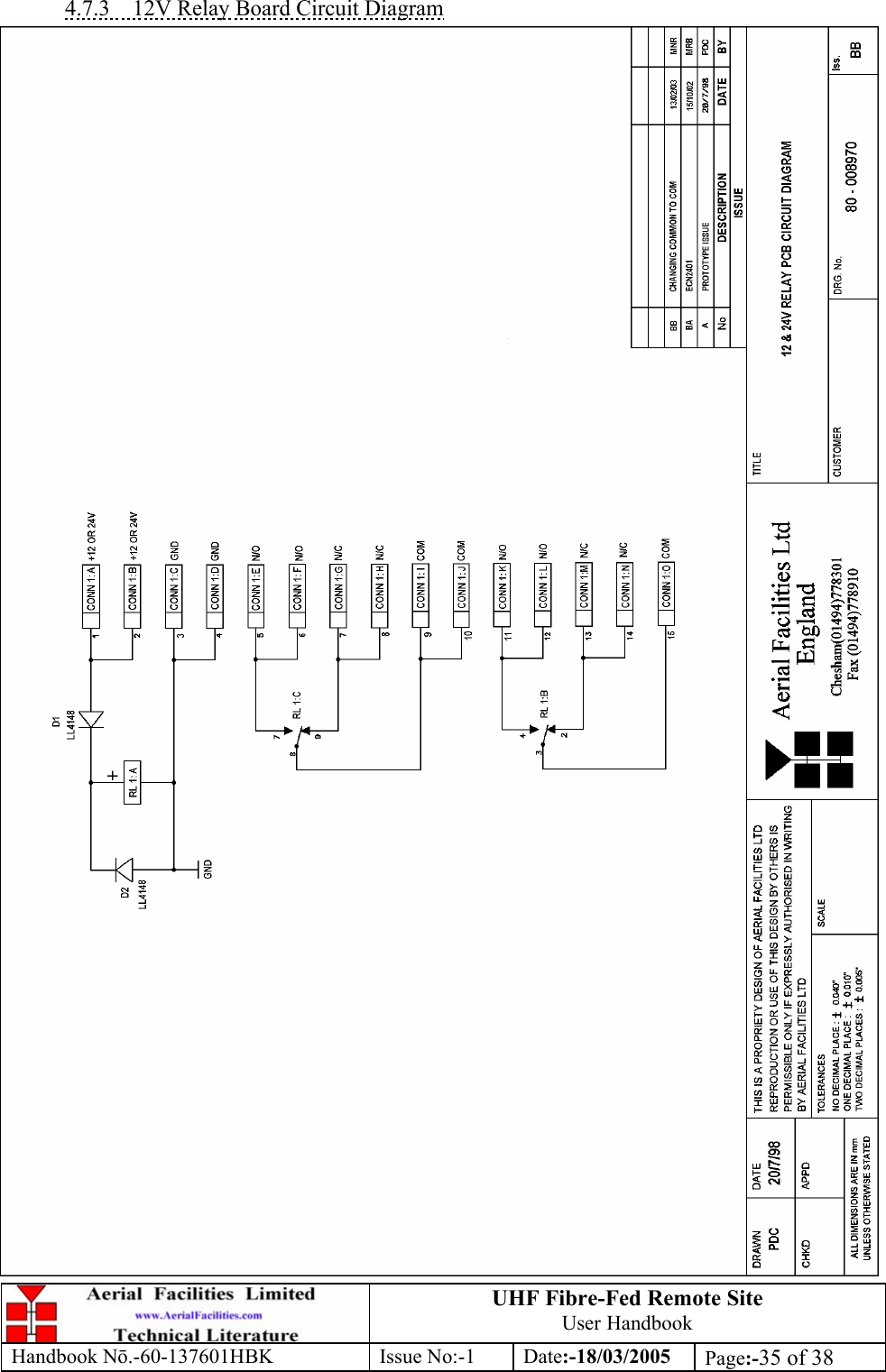 UHF Fibre-Fed Remote Site User Handbook Handbook N.-60-137601HBK Issue No:-1 Date:-18/03/2005  Page:-35 of 38  4.7.3  12V Relay Board Circuit Diagram  