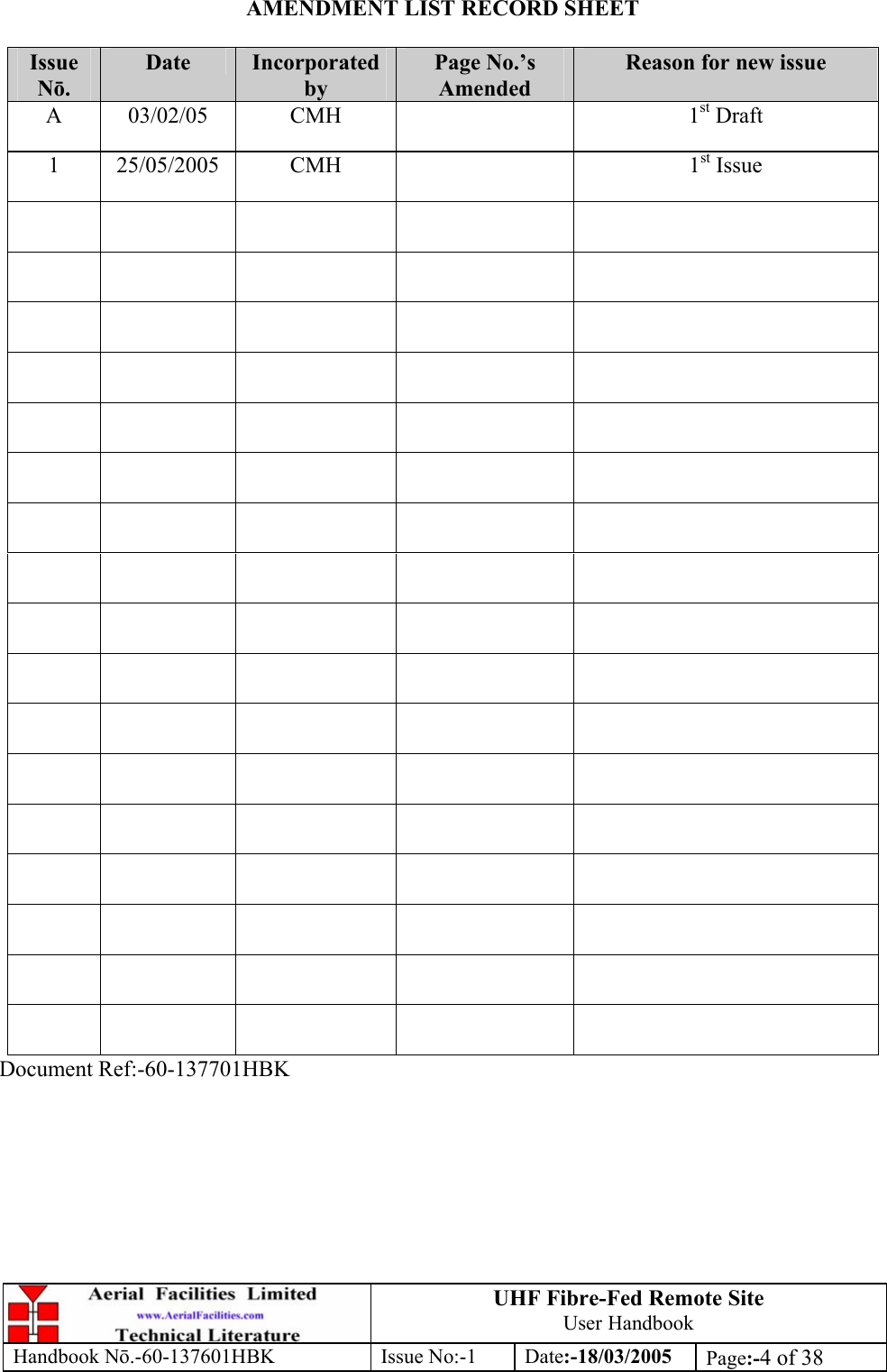 UHF Fibre-Fed Remote Site User Handbook Handbook N.-60-137601HBK Issue No:-1 Date:-18/03/2005  Page:-4 of 38  AMENDMENT LIST RECORD SHEET  Issue Nō. Date  Incorporated by Page No.’s Amended Reason for new issue A 03/02/05  CMH    1st Draft 1 25/05/2005  CMH    1st Issue                                                                                                                                         Document Ref:-60-137701HBK 