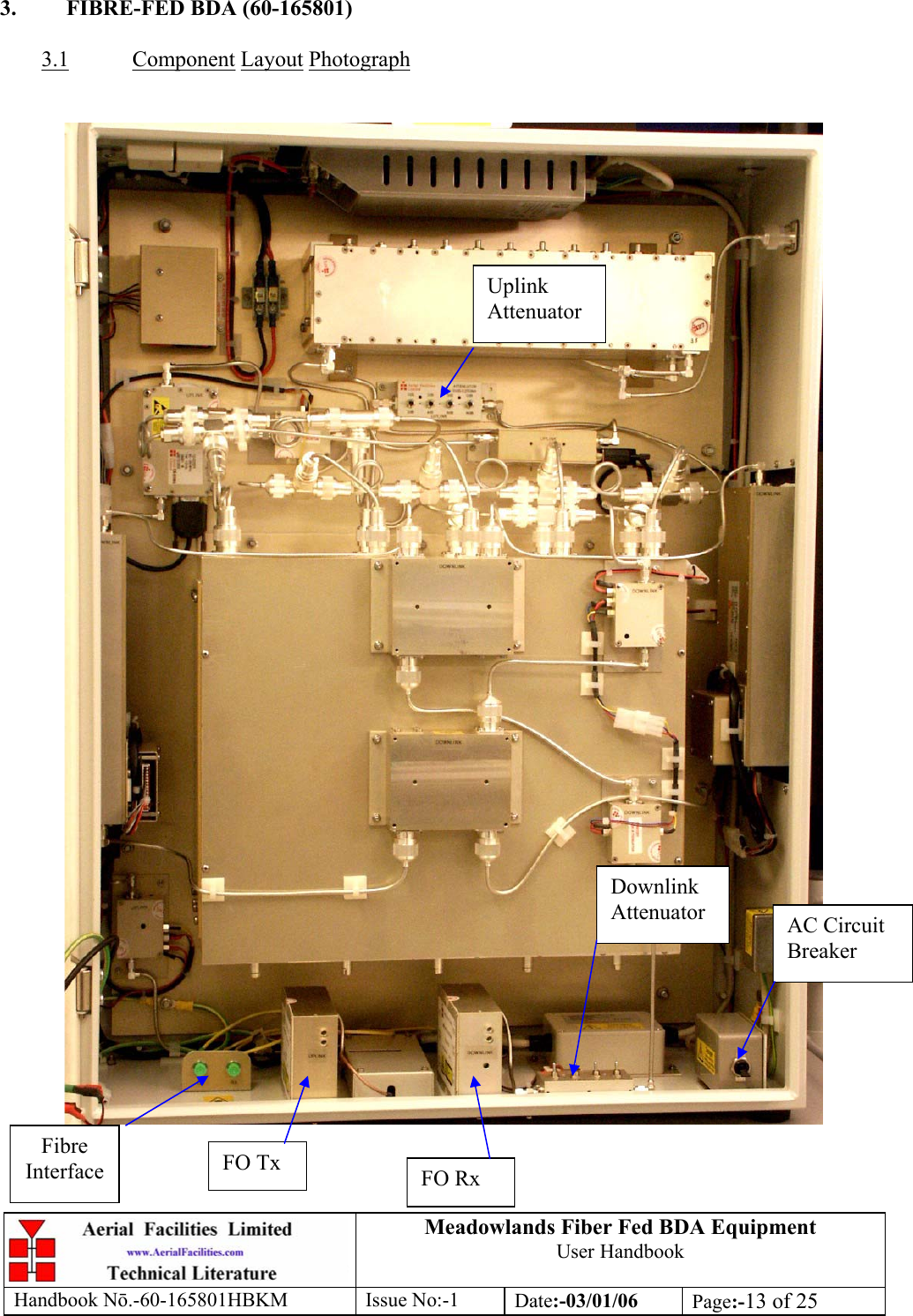  3.  FIBRE-FED BDA (60-165801)  3.1Meadowlands Fiber Fed BDA Equipment User Handbook Handbook Nō.-60-165801HBKM Issue No:-1 Date:-03/01/06  Page:-13 of 25   Component Layout Photograph   Uplink Attenuator Downlink Attenuator  AC Circuit Breaker     Fibre Interface  FO Tx   FO Rx  