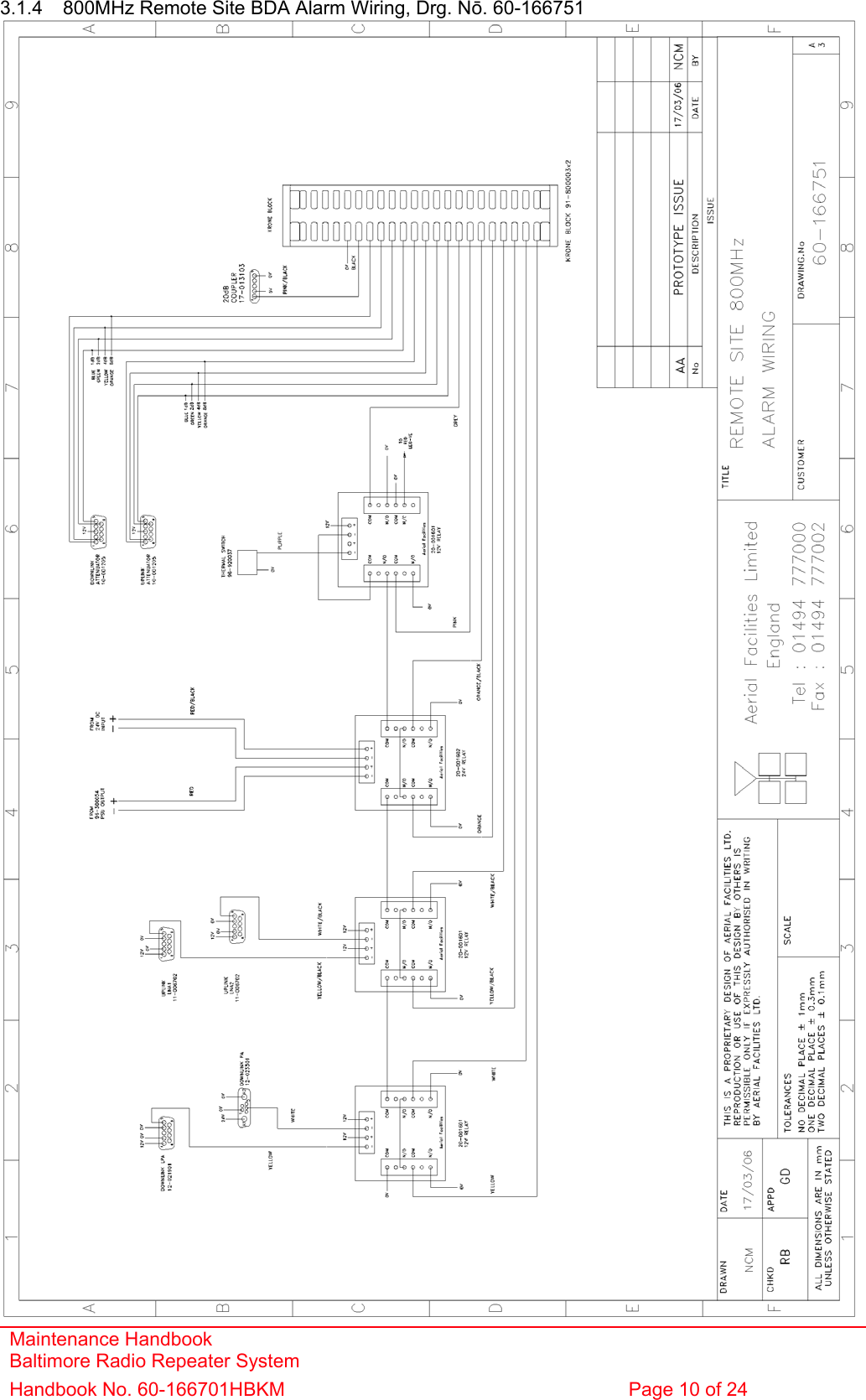 Maintenance Handbook Baltimore Radio Repeater System Handbook No. 60-166701HBKM  Page 10 of 24  3.1.4  800MHz Remote Site BDA Alarm Wiring, Drg. Nō. 60-166751  