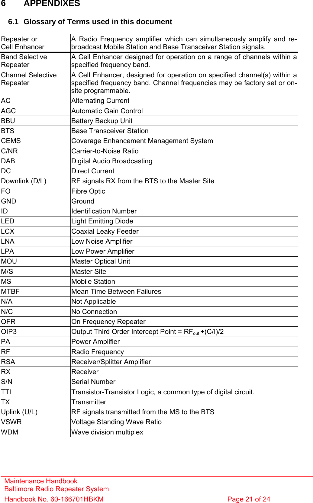 Maintenance Handbook Baltimore Radio Repeater System Handbook No. 60-166701HBKM  Page 21 of 24  6 APPENDIXES  6.1  Glossary of Terms used in this document  Repeater or Cell Enhancer A Radio Frequency amplifier which can simultaneously amplify and re-broadcast Mobile Station and Base Transceiver Station signals. Band Selective Repeater A Cell Enhancer designed for operation on a range of channels within a specified frequency band. Channel Selective Repeater A Cell Enhancer, designed for operation on specified channel(s) within a specified frequency band. Channel frequencies may be factory set or on-site programmable. AC Alternating Current AGC  Automatic Gain Control BBU  Battery Backup Unit BTS  Base Transceiver Station CEMS  Coverage Enhancement Management System C/NR  Carrier-to-Noise Ratio   DAB  Digital Audio Broadcasting DC Direct Current Downlink (D/L)  RF signals RX from the BTS to the Master Site FO Fibre Optic GND Ground ID Identification Number LED  Light Emitting Diode LCX  Coaxial Leaky Feeder LNA  Low Noise Amplifier LPA  Low Power Amplifier MOU  Master Optical Unit M/S Master Site MS Mobile Station MTBF  Mean Time Between Failures N/A Not Applicable N/C No Connection OFR  On Frequency Repeater OIP3  Output Third Order Intercept Point = RFout +(C/I)/2 PA Power Amplifier RF Radio Frequency RSA Receiver/Splitter Amplifier RX Receiver S/N Serial Number TTL  Transistor-Transistor Logic, a common type of digital circuit. TX Transmitter Uplink (U/L)  RF signals transmitted from the MS to the BTS VSWR  Voltage Standing Wave Ratio WDM  Wave division multiplex 