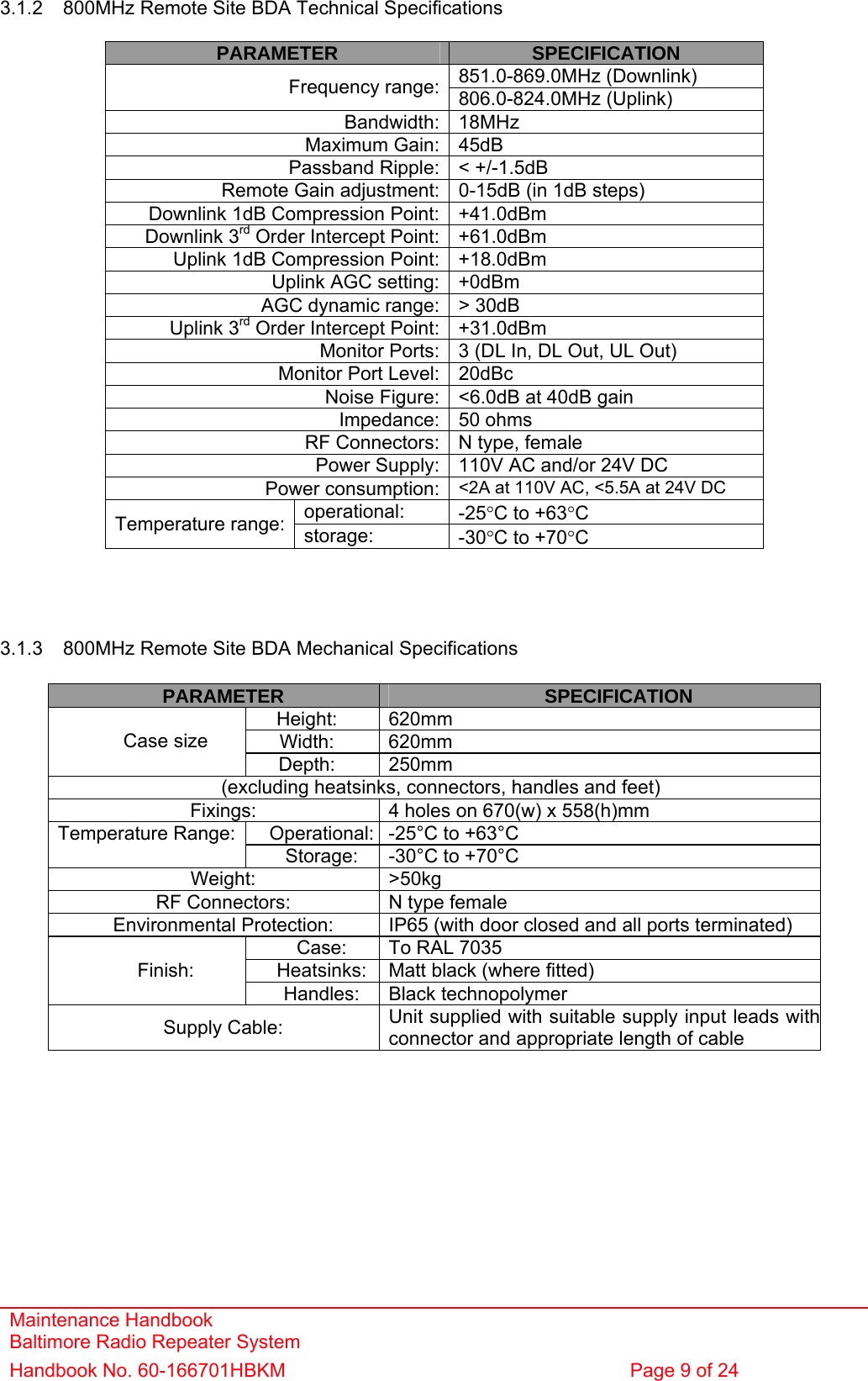Maintenance Handbook Baltimore Radio Repeater System Handbook No. 60-166701HBKM  Page 9 of 24   3.1.2  800MHz Remote Site BDA Technical Specifications  PARAMETER  SPECIFICATION 851.0-869.0MHz (Downlink) Frequency range: 806.0-824.0MHz (Uplink) Bandwidth: 18MHz Maximum Gain: 45dB Passband Ripple: &lt; +/-1.5dB Remote Gain adjustment: 0-15dB (in 1dB steps) Downlink 1dB Compression Point: +41.0dBm Downlink 3rd Order Intercept Point: +61.0dBm Uplink 1dB Compression Point: +18.0dBm Uplink AGC setting: +0dBm AGC dynamic range: &gt; 30dB Uplink 3rd Order Intercept Point: +31.0dBm Monitor Ports: 3 (DL In, DL Out, UL Out) Monitor Port Level: 20dBc Noise Figure: &lt;6.0dB at 40dB gain Impedance: 50 ohms RF Connectors: N type, female Power Supply: 110V AC and/or 24V DC Power consumption: &lt;2A at 110V AC, &lt;5.5A at 24V DC operational:  -25°C to +63°C Temperature range:  storage:  -30°C to +70°C     3.1.3  800MHz Remote Site BDA Mechanical Specifications  PARAMETER  SPECIFICATION Height: 620mm Width: 620mm Case size Depth: 250mm (excluding heatsinks, connectors, handles and feet) Fixings:  4 holes on 670(w) x 558(h)mm Operational: -25°C to +63°C Temperature Range: Storage:  -30°C to +70°C Weight: &gt;50kg RF Connectors:  N type female Environmental Protection:  IP65 (with door closed and all ports terminated) Case:  To RAL 7035 Heatsinks:  Matt black (where fitted) Finish: Handles: Black technopolymer Supply Cable:  Unit supplied with suitable supply input leads withconnector and appropriate length of cable 