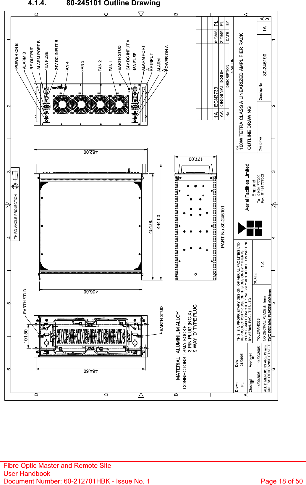 Fibre Optic Master and Remote Site User Handbook Document Number: 60-212701HBK - Issue No. 1  Page 18 of 50100W TETRA CLASS A LINEARIZED AMPLIFIER RACK21/06/0580-245190CB14/09/2005IB14/09/20051A1:4OUTLINE DRAWINGPL101.50464.50494.00454.00436.80482.00177.00POWER ON BALARM BRF OUTPUTALARM PORT B15A FUSE24V DC INPUT B24V DC INPUT A15A FUSEALARM PORT ARF INPUTALARMAPOWER ON AFAN 1FAN 2FAN 3FAN 4EARTH STUDEARTH STUDPART No 80-245101 AA ORIGINAL ISSUE PLMATERIAL : ALUMINIUM ALLOYCONNECTORS : SMA SOCKET                             3 PIN PLUG (NC-X)                             9 WAY &apos;D&apos; TYPE PLUG1A ECN3733 PLEARTH STUD4.1.4.  80-245101 Outline Drawing 