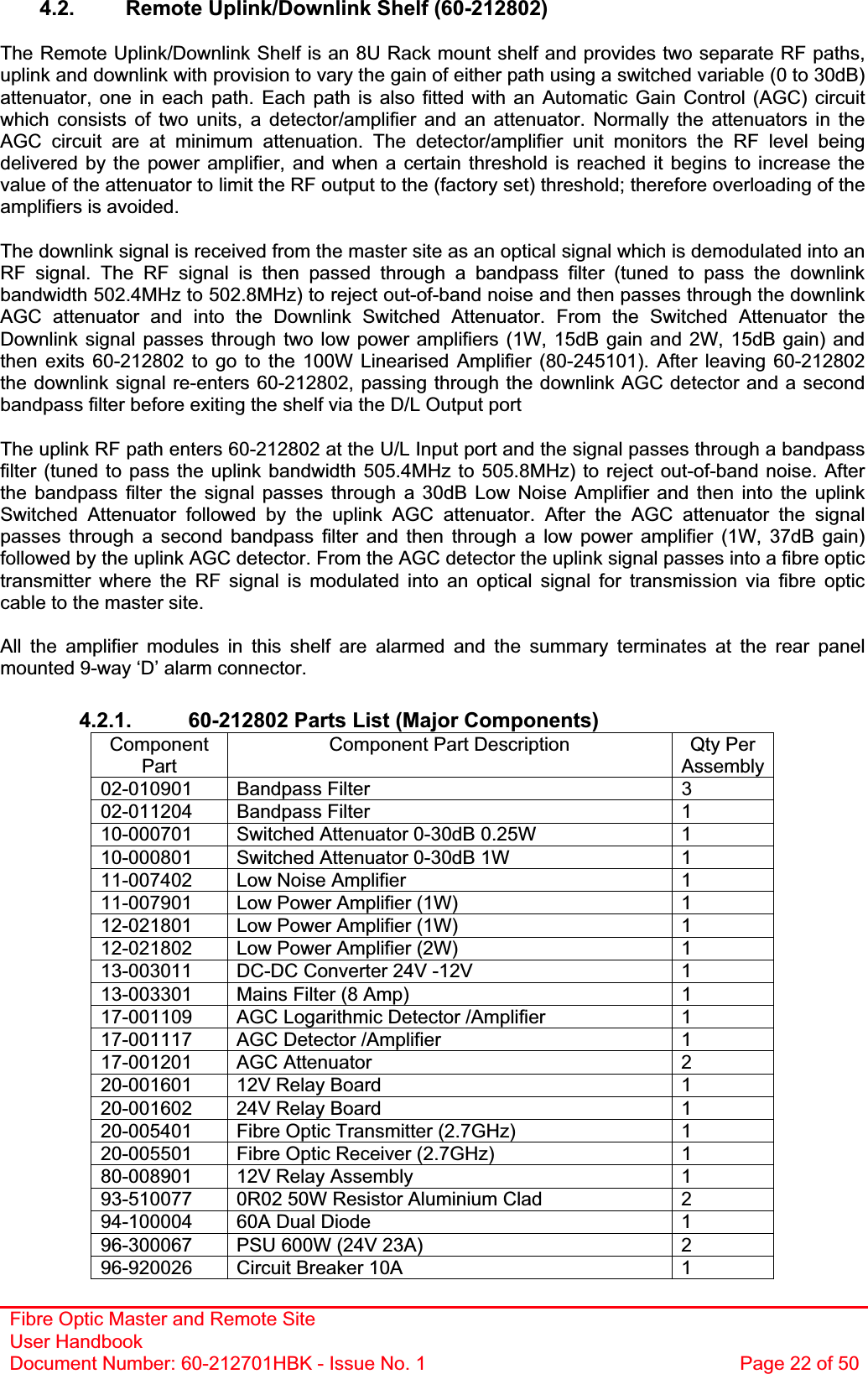 Fibre Optic Master and Remote Site User Handbook Document Number: 60-212701HBK - Issue No. 1  Page 22 of 504.2.  Remote Uplink/Downlink Shelf (60-212802) The Remote Uplink/Downlink Shelf is an 8U Rack mount shelf and provides two separate RF paths, uplink and downlink with provision to vary the gain of either path using a switched variable (0 to 30dB) attenuator, one in each path. Each path is also fitted with an Automatic Gain Control (AGC) circuit which consists of two units, a detector/amplifier and an attenuator. Normally the attenuators in the AGC circuit are at minimum attenuation. The detector/amplifier unit monitors the RF level being delivered by the power amplifier, and when a certain threshold is reached it begins to increase the value of the attenuator to limit the RF output to the (factory set) threshold; therefore overloading of the amplifiers is avoided. The downlink signal is received from the master site as an optical signal which is demodulated into an RF signal. The RF signal is then passed through a bandpass filter (tuned to pass the downlink bandwidth 502.4MHz to 502.8MHz) to reject out-of-band noise and then passes through the downlink AGC attenuator and into the Downlink Switched Attenuator. From the Switched Attenuator the Downlink signal passes through two low power amplifiers (1W, 15dB gain and 2W, 15dB gain) and then exits 60-212802 to go to the 100W Linearised Amplifier (80-245101). After leaving 60-212802 the downlink signal re-enters 60-212802, passing through the downlink AGC detector and a second bandpass filter before exiting the shelf via the D/L Output port The uplink RF path enters 60-212802 at the U/L Input port and the signal passes through a bandpass filter (tuned to pass the uplink bandwidth 505.4MHz to 505.8MHz) to reject out-of-band noise. After the bandpass filter the signal passes through a 30dB Low Noise Amplifier and then into the uplink Switched Attenuator followed by the uplink AGC attenuator. After the AGC attenuator the signal passes through a second bandpass filter and then through a low power amplifier (1W, 37dB gain) followed by the uplink AGC detector. From the AGC detector the uplink signal passes into a fibre optic transmitter where the RF signal is modulated into an optical signal for transmission via fibre optic cable to the master site. All the amplifier modules in this shelf are alarmed and the summary terminates at the rear panel mounted 9-way ‘D’ alarm connector. 4.2.1.  60-212802 Parts List (Major Components) ComponentPartComponent Part Description  Qty Per Assembly02-010901 Bandpass Filter  3 02-011204 Bandpass Filter  1 10-000701  Switched Attenuator 0-30dB 0.25W   1 10-000801  Switched Attenuator 0-30dB 1W   1 11-007402  Low Noise Amplifier  1 11-007901  Low Power Amplifier (1W)  1 12-021801  Low Power Amplifier (1W)  1 12-021802  Low Power Amplifier (2W)  1 13-003011  DC-DC Converter 24V -12V   1 13-003301  Mains Filter (8 Amp)   1 17-001109  AGC Logarithmic Detector /Amplifier  1 17-001117  AGC Detector /Amplifier  1 17-001201 AGC Attenuator  2 20-001601  12V Relay Board  1 20-001602  24V Relay Board  1 20-005401  Fibre Optic Transmitter (2.7GHz)  1 20-005501  Fibre Optic Receiver (2.7GHz)  1 80-008901  12V Relay Assembly  1 93-510077  0R02 50W Resistor Aluminium Clad  2 94-100004  60A Dual Diode  1 96-300067  PSU 600W (24V 23A)  2 96-920026  Circuit Breaker 10A  1 