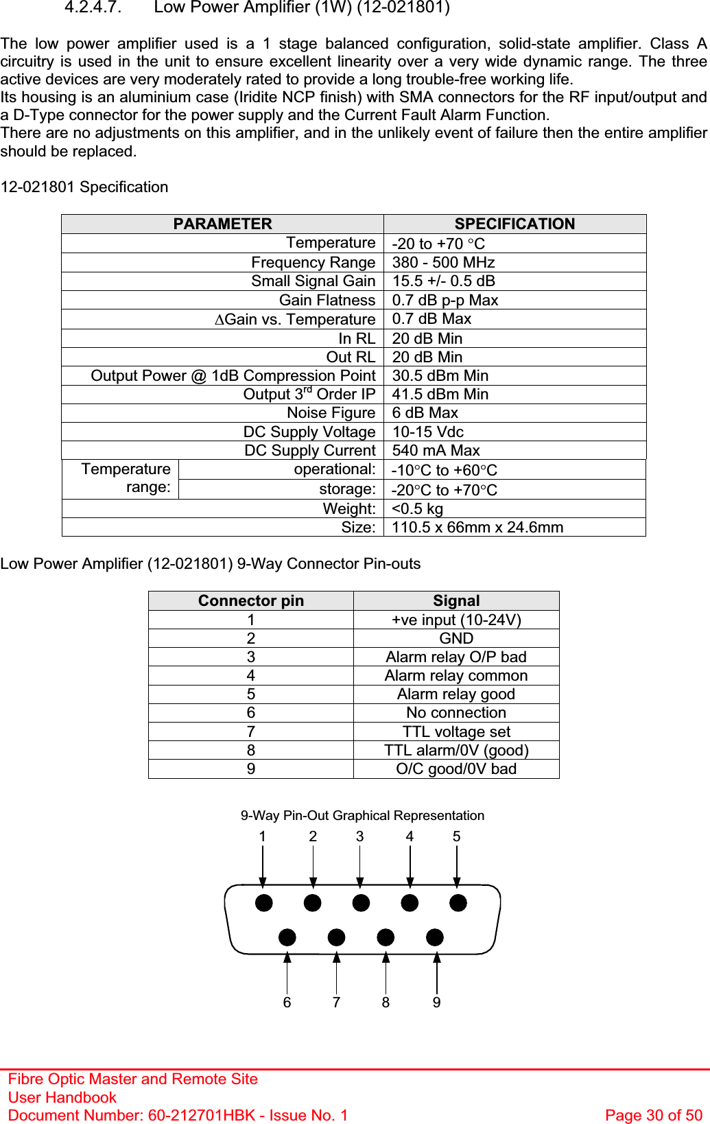 Fibre Optic Master and Remote Site User Handbook Document Number: 60-212701HBK - Issue No. 1  Page 30 of 507 8 961 2 3 4 59-Way Pin-Out Graphical Representation4.2.4.7.  Low Power Amplifier (1W) (12-021801) The low power amplifier used is a 1 stage balanced configuration, solid-state amplifier. Class A circuitry is used in the unit to ensure excellent linearity over a very wide dynamic range. The three active devices are very moderately rated to provide a long trouble-free working life.Its housing is an aluminium case (Iridite NCP finish) with SMA connectors for the RF input/output and a D-Type connector for the power supply and the Current Fault Alarm Function. There are no adjustments on this amplifier, and in the unlikely event of failure then the entire amplifier should be replaced. 12-021801 Specification PARAMETER SPECIFICATIONTemperature -20 to +70 qCFrequency Range 380 - 500 MHz Small Signal Gain 15.5 +/- 0.5 dB Gain Flatness 0.7 dB p-p Max &apos;Gain vs. Temperature 0.7 dB Max In RL 20 dB Min Out RL 20 dB Min Output Power @ 1dB Compression Point 30.5 dBm Min Output 3rd Order IP 41.5 dBm Min Noise Figure 6 dB Max DC Supply Voltage 10-15 Vdc DC Supply Current  540 mA Max operational: -10qC to +60qCTemperaturerange: storage: -20qC to +70qCWeight: &lt;0.5 kg Size: 110.5 x 66mm x 24.6mm Low Power Amplifier (12-021801) 9-Way Connector Pin-outs Connector pin  Signal1  +ve input (10-24V) 2 GND 3  Alarm relay O/P bad 4  Alarm relay common 5  Alarm relay good 6 No connection 7  TTL voltage set 8  TTL alarm/0V (good) 9  O/C good/0V bad 