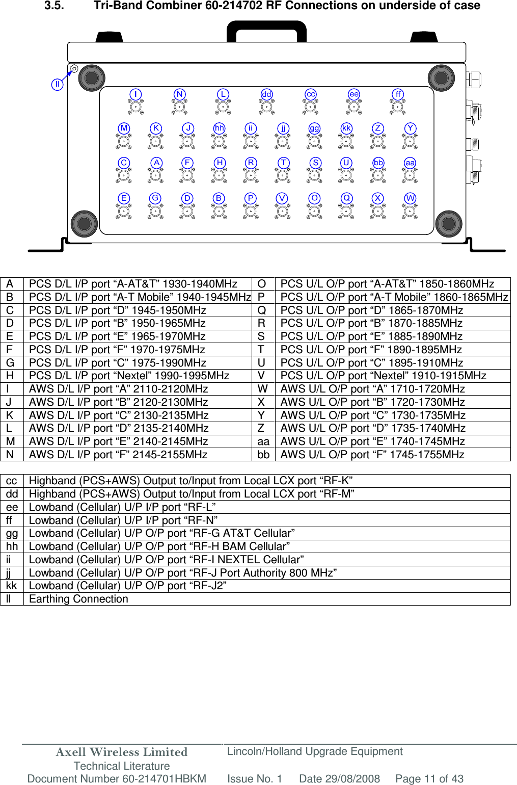 Axell Wireless Limited Technical Literature Lincoln/Holland Upgrade Equipment Document Number 60-214701HBKM Issue No. 1 Date 29/08/2008 Page 11 of 43   3.5.  Tri-Band Combiner 60-214702 RF Connections on underside of case                      A  PCS D/L I/P port “A-AT&amp;T” 1930-1940MHz  O  PCS U/L O/P port “A-AT&amp;T” 1850-1860MHz B  PCS D/L I/P port “A-T Mobile” 1940-1945MHz P  PCS U/L O/P port “A-T Mobile” 1860-1865MHz C  PCS D/L I/P port “D” 1945-1950MHz  Q  PCS U/L O/P port “D” 1865-1870MHz D  PCS D/L I/P port “B” 1950-1965MHz  R  PCS U/L O/P port “B” 1870-1885MHz E  PCS D/L I/P port “E” 1965-1970MHz  S  PCS U/L O/P port “E” 1885-1890MHz F  PCS D/L I/P port “F” 1970-1975MHz  T  PCS U/L O/P port “F” 1890-1895MHz G  PCS D/L I/P port “C” 1975-1990MHz  U  PCS U/L O/P port “C” 1895-1910MHz H  PCS D/L I/P port “Nextel” 1990-1995MHz  V  PCS U/L O/P port “Nextel” 1910-1915MHz I  AWS D/L I/P port “A” 2110-2120MHz  W  AWS U/L O/P port “A” 1710-1720MHz J  AWS D/L I/P port “B” 2120-2130MHz  X  AWS U/L O/P port “B” 1720-1730MHz K  AWS D/L I/P port “C” 2130-2135MHz  Y  AWS U/L O/P port “C” 1730-1735MHz L  AWS D/L I/P port “D” 2135-2140MHz  Z  AWS U/L O/P port “D” 1735-1740MHz M  AWS D/L I/P port “E” 2140-2145MHz  aa AWS U/L O/P port “E” 1740-1745MHz N  AWS D/L I/P port “F” 2145-2155MHz  bb AWS U/L O/P port “F” 1745-1755MHz  cc  Highband (PCS+AWS) Output to/Input from Local LCX port “RF-K” dd Highband (PCS+AWS) Output to/Input from Local LCX port “RF-M” ee Lowband (Cellular) U/P I/P port “RF-L” ff  Lowband (Cellular) U/P I/P port “RF-N” gg Lowband (Cellular) U/P O/P port “RF-G AT&amp;T Cellular” hh Lowband (Cellular) U/P O/P port “RF-H BAM Cellular” ii  Lowband (Cellular) U/P O/P port “RF-I NEXTEL Cellular” jj  Lowband (Cellular) U/P O/P port “RF-J Port Authority 800 MHz” kk  Lowband (Cellular) U/P O/P port “RF-J2” ll  Earthing Connection      