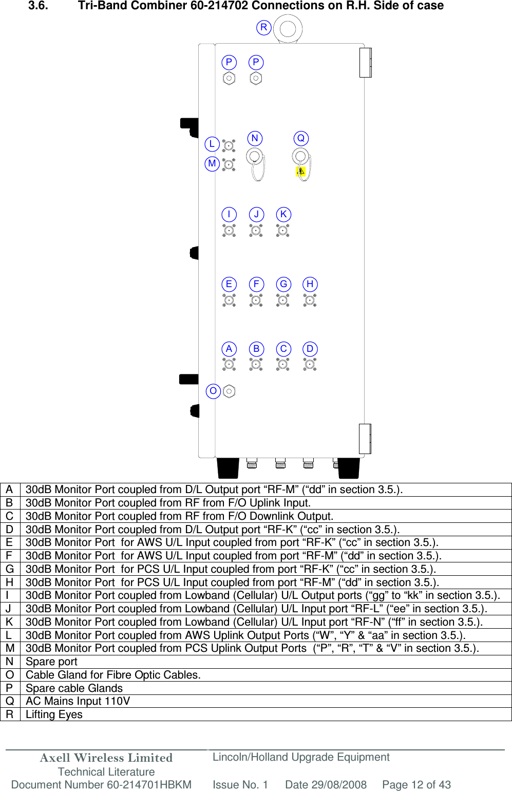 Axell Wireless Limited Technical Literature Lincoln/Holland Upgrade Equipment Document Number 60-214701HBKM Issue No. 1 Date 29/08/2008 Page 12 of 43  110VA B C DE F G HI J KLMNOPQPR 3.6.  Tri-Band Combiner 60-214702 Connections on R.H. Side of case                                      A  30dB Monitor Port coupled from D/L Output port “RF-M” (“dd” in section 3.5.). B  30dB Monitor Port coupled from RF from F/O Uplink Input. C  30dB Monitor Port coupled from RF from F/O Downlink Output. D 30dB Monitor Port coupled from D/L Output port “RF-K” (“cc” in section 3.5.). E  30dB Monitor Port  for AWS U/L Input coupled from port “RF-K” (“cc” in section 3.5.). F  30dB Monitor Port  for AWS U/L Input coupled from port “RF-M” (“dd” in section 3.5.). G 30dB Monitor Port  for PCS U/L Input coupled from port “RF-K” (“cc” in section 3.5.). H  30dB Monitor Port  for PCS U/L Input coupled from port “RF-M” (“dd” in section 3.5.). I  30dB Monitor Port coupled from Lowband (Cellular) U/L Output ports (“gg” to “kk” in section 3.5.). J  30dB Monitor Port coupled from Lowband (Cellular) U/L Input port “RF-L” (“ee” in section 3.5.). K 30dB Monitor Port coupled from Lowband (Cellular) U/L Input port “RF-N” (“ff” in section 3.5.). L  30dB Monitor Port coupled from AWS Uplink Output Ports (“W”, “Y” &amp; “aa” in section 3.5.). M 30dB Monitor Port coupled from PCS Uplink Output Ports  (“P”, “R”, “T” &amp; “V” in section 3.5.). N  Spare port O Cable Gland for Fibre Optic Cables. P Spare cable Glands Q AC Mains Input 110V R  Lifting Eyes  