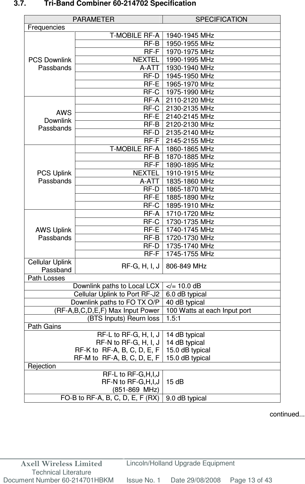 Axell Wireless Limited Technical Literature Lincoln/Holland Upgrade Equipment Document Number 60-214701HBKM Issue No. 1 Date 29/08/2008 Page 13 of 43   3.7.  Tri-Band Combiner 60-214702 Specification  PARAMETER  SPECIFICATION Frequencies PCS Downlink Passbands T-MOBILE RF-A 1940-1945 MHz RF-B 1950-1955 MHz  RF-F 1970-1975 MHz  NEXTEL 1990-1995 MHz A-ATT 1930-1940 MHz RF-D 1945-1950 MHz RF-E 1965-1970 MHz RF-C 1975-1990 MHz AWS Downlink Passbands RF-A 2110-2120 MHz RF-C 2130-2135 MHz RF-E 2140-2145 MHz RF-B 2120-2130 MHz RF-D 2135-2140 MHz RF-F 2145-2155 MHz PCS Uplink Passbands T-MOBILE RF-A 1860-1865 MHz  RF-B 1870-1885 MHz  RF-F 1890-1895 MHz  NEXTEL 1910-1915 MHz A-ATT 1835-1860 MHz RF-D 1865-1870 MHz RF-E 1885-1890 MHz RF-C 1895-1910 MHz AWS Uplink Passbands RF-A 1710-1720 MHz RF-C 1730-1735 MHz RF-E 1740-1745 MHz RF-B 1720-1730 MHz RF-D 1735-1740 MHz RF-F 1745-1755 MHz Cellular Uplink Passband RF-G, H, I, J 806-849 MHz Path Losses Downlink paths to Local LCX &lt;/= 10.0 dB  Cellular Uplink to Port RF-J2 6.0 dB typical Downlink paths to FO TX O/P 40 dB typical (RF-A,B,C,D,E,F) Max Input Power 100 Watts at each Input port (BTS Inputs) Reurn loss 1.5:1 Path Gains RF-L to RF-G, H, I, J RF-N to RF-G, H, I, J RF-K to  RF-A, B, C, D, E, F RF-M to  RF-A, B, C, D, E, F 14 dB typical 14 dB typical 15.0 dB typical 15.0 dB typical Rejection RF-L to RF-G,H,I,J RF-N to RF-G,H,I,J (851-869  MHz) 15 dB FO-B to RF-A, B, C, D, E, F (RX) 9.0 dB typical  continued...  
