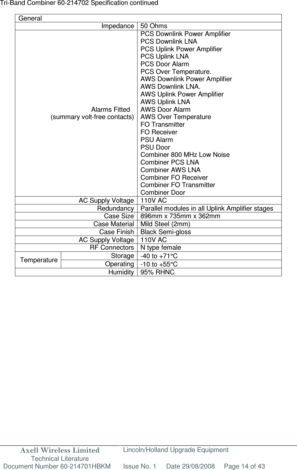 Axell Wireless Limited Technical Literature Lincoln/Holland Upgrade Equipment Document Number 60-214701HBKM Issue No. 1 Date 29/08/2008 Page 14 of 43   Tri-Band Combiner 60-214702 Specification continued  General Impedance 50 Ohms Alarms Fitted (summary volt-free contacts) PCS Downlink Power Amplifier PCS Downlink LNA  PCS Uplink Power Amplifier PCS Uplink LNA  PCS Door Alarm PCS Over Temperature. AWS Downlink Power Amplifier AWS Downlink LNA. AWS Uplink Power Amplifier AWS Uplink LNA  AWS Door Alarm AWS Over Temperature FO Transmitter FO Receiver PSU Alarm PSU Door Combiner 800 MHz Low Noise Combiner PCS LNA Combiner AWS LNA Combiner FO Receiver Combiner FO Transmitter Combiner Door AC Supply Voltage 110V AC Redundancy Parallel modules in all Uplink Amplifier stages Case Size 896mm x 735mm x 362mm Case Material Mild Steel (2mm) Case Finish Black Semi-gloss AC Supply Voltage 110V AC RF Connectors N type female Temperature Storage -40 to +71°C Operating -10 to +55°C Humidity 95% RHNC                 