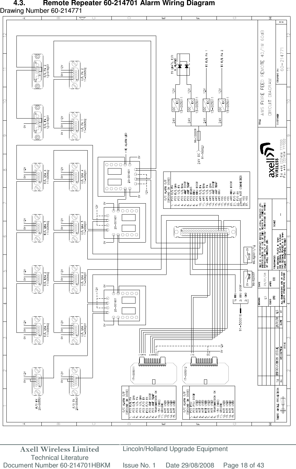 Axell Wireless Limited Technical Literature Lincoln/Holland Upgrade Equipment Document Number 60-214701HBKM Issue No. 1 Date 29/08/2008 Page 18 of 43   4.3.  Remote Repeater 60-214701 Alarm Wiring Diagram Drawing Number 60-214771                                                  