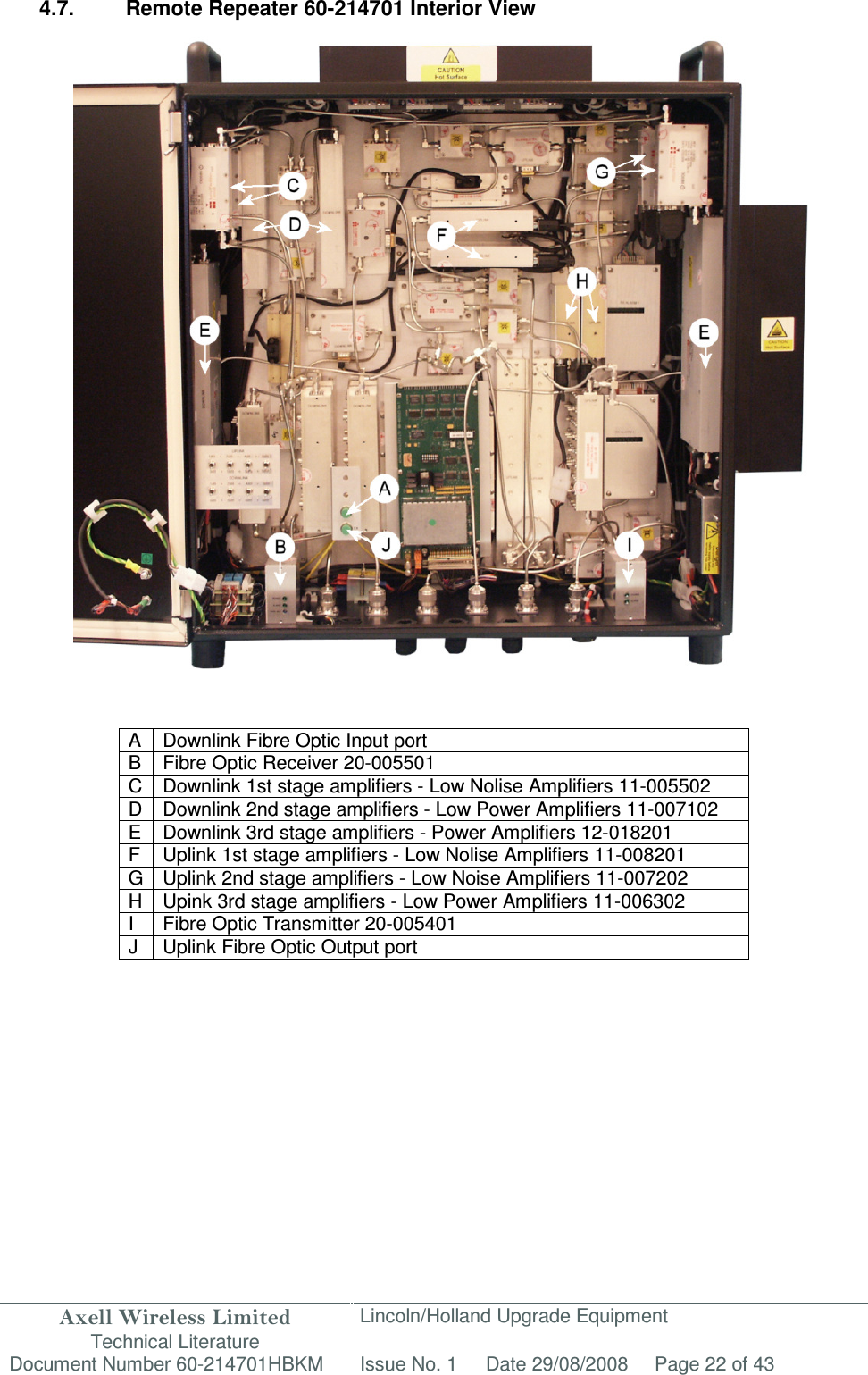 Axell Wireless Limited Technical Literature Lincoln/Holland Upgrade Equipment Document Number 60-214701HBKM Issue No. 1 Date 29/08/2008 Page 22 of 43   4.7.  Remote Repeater 60-214701 Interior View                                 A  Downlink Fibre Optic Input port B  Fibre Optic Receiver 20-005501 C  Downlink 1st stage amplifiers - Low Nolise Amplifiers 11-005502 D  Downlink 2nd stage amplifiers - Low Power Amplifiers 11-007102 E  Downlink 3rd stage amplifiers - Power Amplifiers 12-018201 F  Uplink 1st stage amplifiers - Low Nolise Amplifiers 11-008201 G Uplink 2nd stage amplifiers - Low Noise Amplifiers 11-007202 H  Upink 3rd stage amplifiers - Low Power Amplifiers 11-006302 I  Fibre Optic Transmitter 20-005401 J Uplink Fibre Optic Output port           