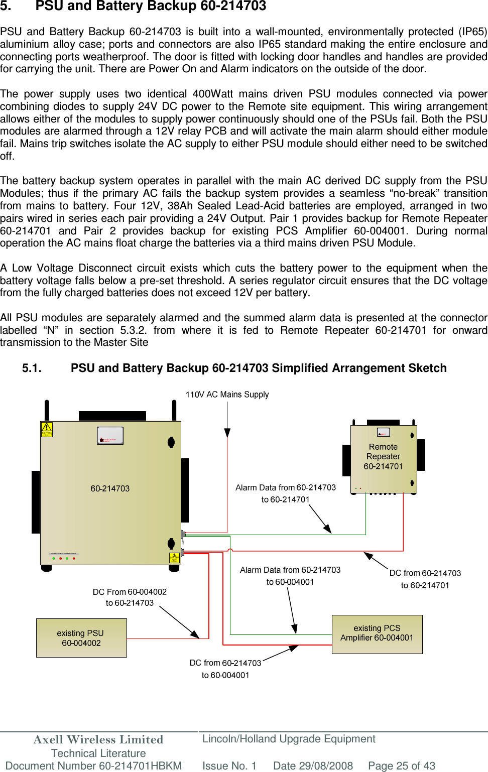 Axell Wireless Limited Technical Literature Lincoln/Holland Upgrade Equipment Document Number 60-214701HBKM Issue No. 1 Date 29/08/2008 Page 25 of 43   5.  PSU and Battery Backup 60-214703  PSU  and  Battery  Backup  60-214703  is  built  into  a  wall-mounted,  environmentally  protected  (IP65) aluminium alloy case; ports and connectors are also IP65 standard making the entire enclosure and connecting ports weatherproof. The door is fitted with locking door handles and handles are provided for carrying the unit. There are Power On and Alarm indicators on the outside of the door.  The  power  supply  uses  two  identical  400Watt  mains  driven  PSU  modules  connected  via  power combining diodes to supply 24V  DC  power to the  Remote site  equipment.  This wiring arrangement allows either of the modules to supply power continuously should one of the PSUs fail. Both the PSU modules are alarmed through a 12V relay PCB and will activate the main alarm should either module fail. Mains trip switches isolate the AC supply to either PSU module should either need to be switched off.   The battery backup system  operates  in  parallel with the main AC derived DC  supply from the PSU Modules;  thus  if  the  primary AC  fails  the  backup  system  provides  a seamless  “no-break” transition from  mains  to  battery.  Four  12V,  38Ah  Sealed  Lead-Acid  batteries  are  employed,  arranged  in  two pairs wired in series each pair providing a 24V Output. Pair 1 provides backup for Remote Repeater 60-214701  and  Pair  2  provides  backup  for  existing  PCS  Amplifier  60-004001.  During  normal operation the AC mains float charge the batteries via a third mains driven PSU Module.  A  Low  Voltage  Disconnect  circuit  exists  which  cuts  the  battery  power  to  the  equipment  when  the battery voltage falls below a pre-set threshold. A series regulator circuit ensures that the DC voltage from the fully charged batteries does not exceed 12V per battery.  All PSU modules are separately alarmed and the summed alarm data is presented at the connector labelled  “N”  in  section  5.3.2.  from  where  it  is  fed  to  Remote  Repeater  60-214701  for  onward transmission to the Master Site  5.1.  PSU and Battery Backup 60-214703 Simplified Arrangement Sketch                            