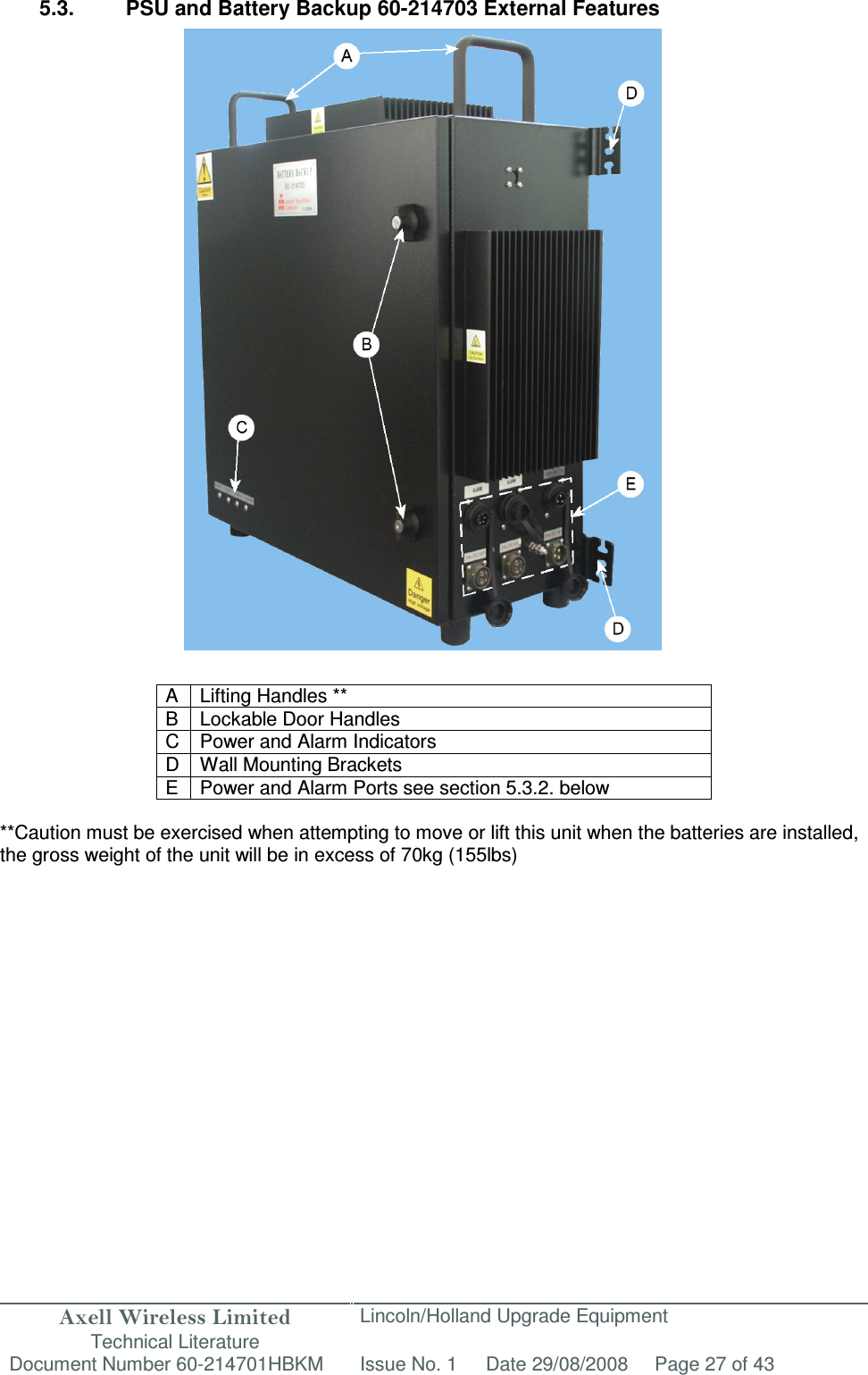 Axell Wireless Limited Technical Literature Lincoln/Holland Upgrade Equipment Document Number 60-214701HBKM Issue No. 1 Date 29/08/2008 Page 27 of 43   5.3.  PSU and Battery Backup 60-214703 External Features                               A Lifting Handles ** B  Lockable Door Handles C  Power and Alarm Indicators D  Wall Mounting Brackets E  Power and Alarm Ports see section 5.3.2. below  **Caution must be exercised when attempting to move or lift this unit when the batteries are installed, the gross weight of the unit will be in excess of 70kg (155lbs)  