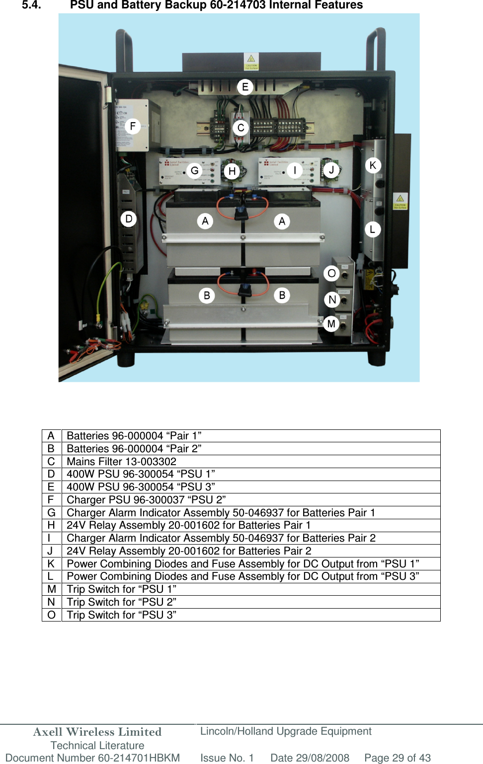 Axell Wireless Limited Technical Literature Lincoln/Holland Upgrade Equipment Document Number 60-214701HBKM Issue No. 1 Date 29/08/2008 Page 29 of 43   5.4.  PSU and Battery Backup 60-214703 Internal Features                                   A  Batteries 96-000004 “Pair 1” B  Batteries 96-000004 “Pair 2” C  Mains Filter 13-003302 D  400W PSU 96-300054 “PSU 1” E  400W PSU 96-300054 “PSU 3” F  Charger PSU 96-300037 “PSU 2” G Charger Alarm Indicator Assembly 50-046937 for Batteries Pair 1 H  24V Relay Assembly 20-001602 for Batteries Pair 1 I  Charger Alarm Indicator Assembly 50-046937 for Batteries Pair 2 J  24V Relay Assembly 20-001602 for Batteries Pair 2 K  Power Combining Diodes and Fuse Assembly for DC Output from “PSU 1” L  Power Combining Diodes and Fuse Assembly for DC Output from “PSU 3” M Trip Switch for “PSU 1” N  Trip Switch for “PSU 2” O Trip Switch for “PSU 3”         