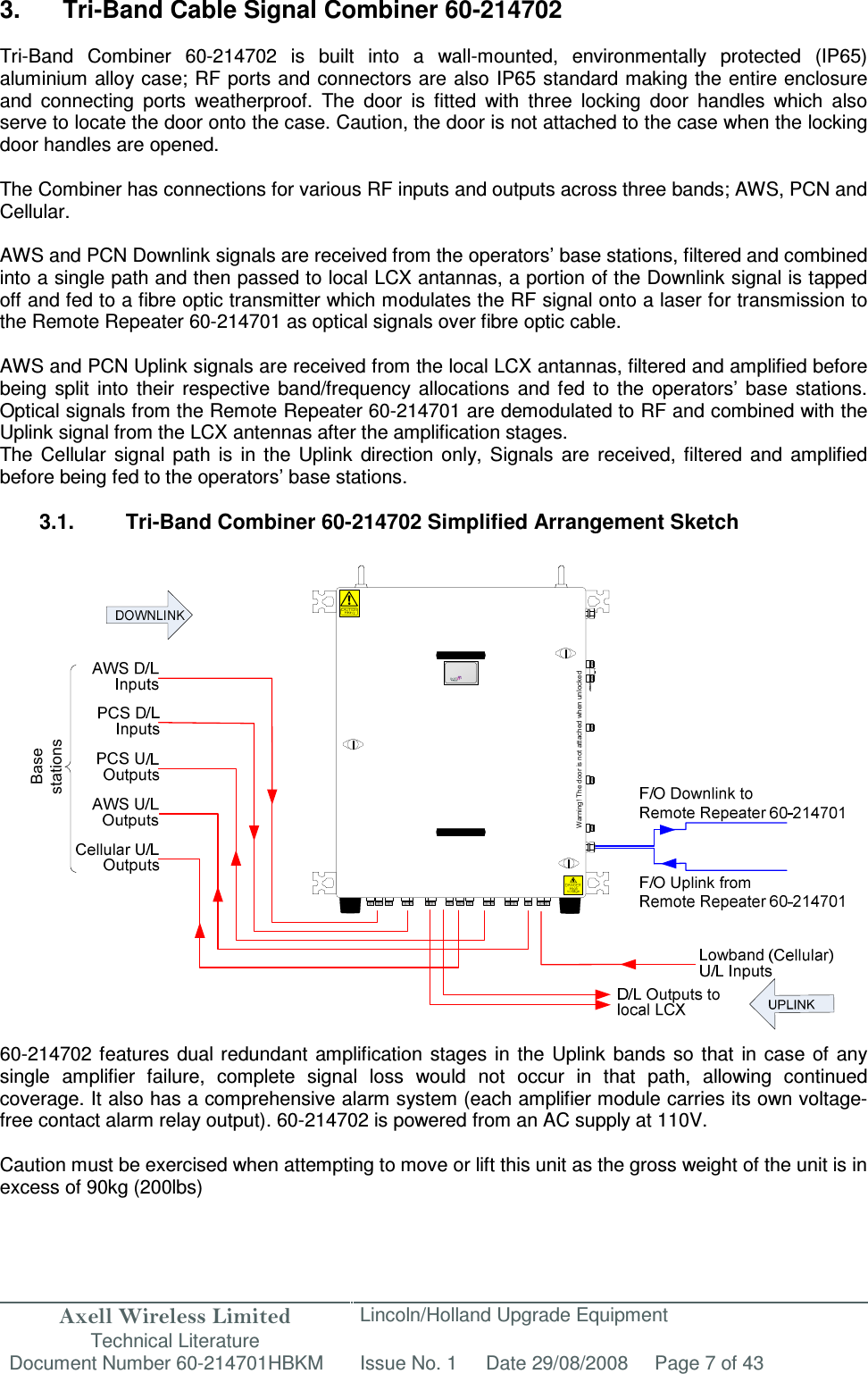 Axell Wireless Limited Technical Literature Lincoln/Holland Upgrade Equipment Document Number 60-214701HBKM Issue No. 1 Date 29/08/2008 Page 7 of 43  BasestationsWarning! The door is not attached when unlocked 3.  Tri-Band Cable Signal Combiner 60-214702  Tri-Band  Combiner  60-214702  is  built  into  a  wall-mounted,  environmentally  protected  (IP65) aluminium alloy case; RF ports and connectors are also IP65 standard making the entire enclosure and  connecting  ports  weatherproof.  The  door  is  fitted  with  three  locking  door  handles  which  also serve to locate the door onto the case. Caution, the door is not attached to the case when the locking door handles are opened.  The Combiner has connections for various RF inputs and outputs across three bands; AWS, PCN and Cellular.   AWS and PCN Downlink signals are received from the operators’ base stations, filtered and combined into a single path and then passed to local LCX antannas, a portion of the Downlink signal is tapped off and fed to a fibre optic transmitter which modulates the RF signal onto a laser for transmission to the Remote Repeater 60-214701 as optical signals over fibre optic cable.  AWS and PCN Uplink signals are received from the local LCX antannas, filtered and amplified before being  split  into  their  respective  band/frequency  allocations  and  fed  to  the  operators’  base  stations. Optical signals from the Remote Repeater 60-214701 are demodulated to RF and combined with the Uplink signal from the LCX antennas after the amplification stages. The  Cellular  signal  path  is  in  the  Uplink  direction  only,  Signals  are  received,  filtered  and  amplified before being fed to the operators’ base stations.  3.1.  Tri-Band Combiner 60-214702 Simplified Arrangement Sketch                        60-214702 features dual redundant amplification  stages in  the  Uplink  bands so  that  in case  of any single  amplifier  failure,  complete  signal  loss  would  not  occur  in  that  path,  allowing  continued coverage. It also has a comprehensive alarm system (each amplifier module carries its own voltage-free contact alarm relay output). 60-214702 is powered from an AC supply at 110V.  Caution must be exercised when attempting to move or lift this unit as the gross weight of the unit is in excess of 90kg (200lbs)  