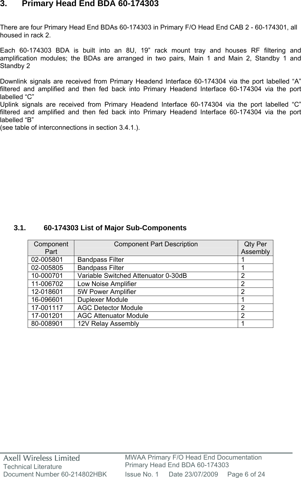 Axell Wireless Limited Technical Literature MWAA Primary F/O Head End Documentation Primary Head End BDA 60-174303 Document Number 60-214802HBK  Issue No. 1  Date 23/07/2009  Page 6 of 24   3.  Primary Head End BDA 60-174303   There are four Primary Head End BDAs 60-174303 in Primary F/O Head End CAB 2 - 60-174301, all housed in rack 2.  Each 60-174303 BDA is built into an 8U, 19” rack mount tray and houses RF filtering and amplification modules; the BDAs are arranged in two pairs, Main 1 and Main 2, Standby 1 and Standby 2  Downlink signals are received from Primary Headend Interface 60-174304 via the port labelled “A” filtered and amplified and then fed back into Primary Headend Interface 60-174304 via the port labelled “C”  Uplink signals are received from Primary Headend Interface 60-174304 via the port labelled “C” filtered and amplified and then fed back into Primary Headend Interface 60-174304 via the port labelled “B”  (see table of interconnections in section 3.4.1.).             3.1.  60-174303 List of Major Sub-Components  Component Part Component Part Description  Qty Per Assembly02-005801 Bandpass Filter  1 02-005805 Bandpass Filter  1 10-000701  Variable Switched Attenuator 0-30dB   2 11-006702  Low Noise Amplifier  2 12-018601  5W Power Amplifier  2 16-096601 Duplexer Module  1 17-001117 AGC Detector Module  2 17-001201  AGC Attenuator Module  2 80-008901  12V Relay Assembly  1               