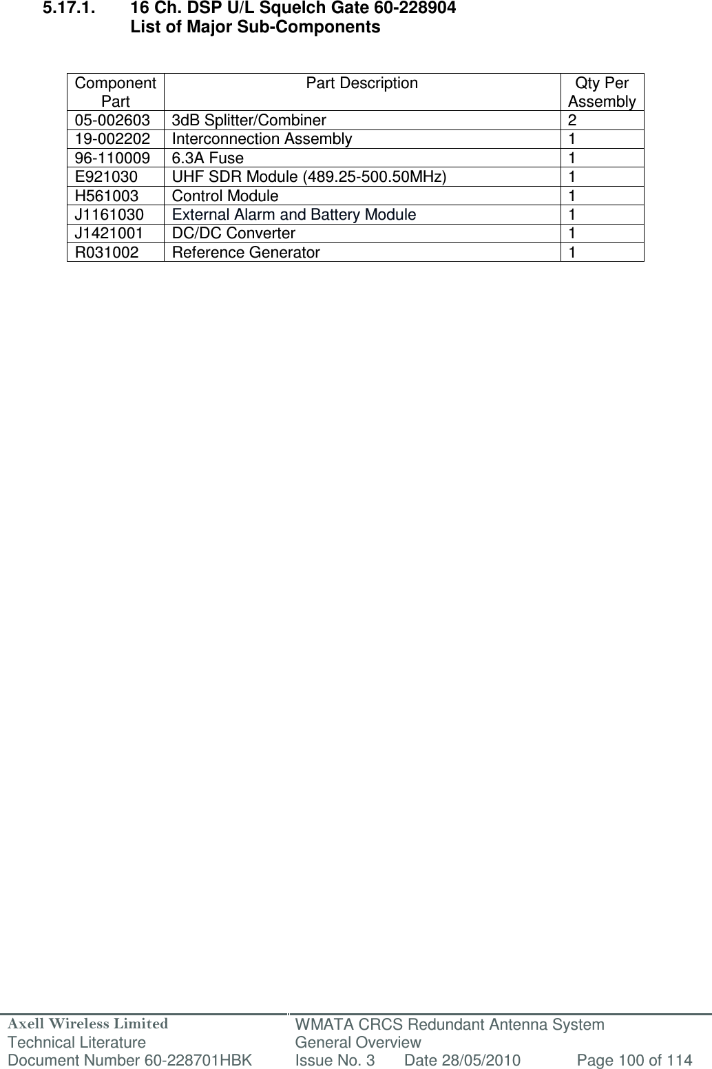 Axell Wireless Limited Technical Literature WMATA CRCS Redundant Antenna System General Overview Document Number 60-228701HBK  Issue No. 3  Date 28/05/2010  Page 100 of 114   5.17.1.  16 Ch. DSP U/L Squelch Gate 60-228904   List of Major Sub-Components   Component Part Part Description  Qty Per Assembly 05-002603  3dB Splitter/Combiner  2 19-002202  Interconnection Assembly  1 96-110009  6.3A Fuse  1 E921030  UHF SDR Module (489.25-500.50MHz)  1 H561003  Control Module  1 J1161030  External Alarm and Battery Module  1 J1421001  DC/DC Converter  1 R031002  Reference Generator  1  