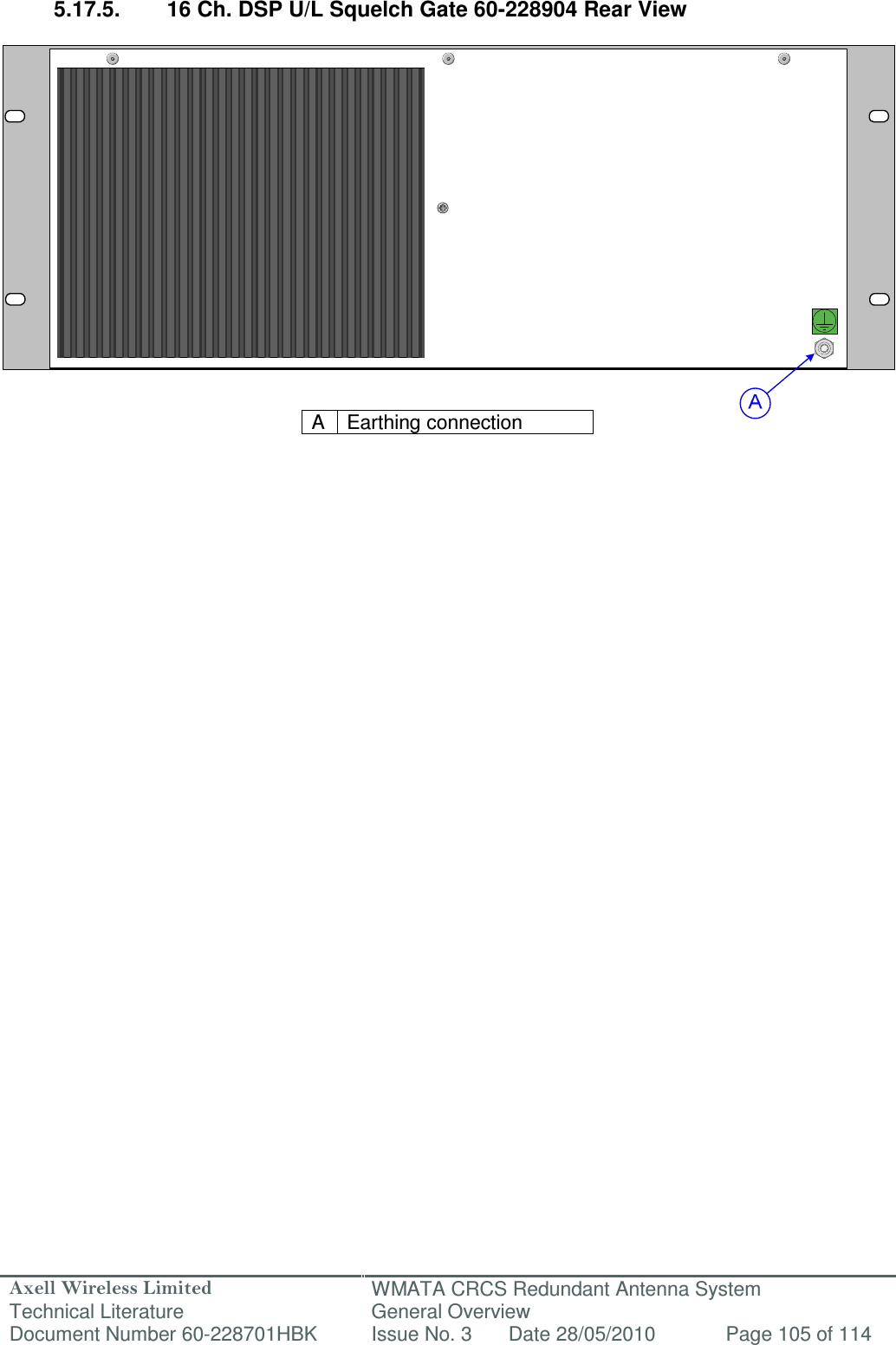 Axell Wireless Limited Technical Literature WMATA CRCS Redundant Antenna System General Overview Document Number 60-228701HBK  Issue No. 3  Date 28/05/2010  Page 105 of 114   5.17.5.  16 Ch. DSP U/L Squelch Gate 60-228904 Rear View                  A  Earthing connection                              