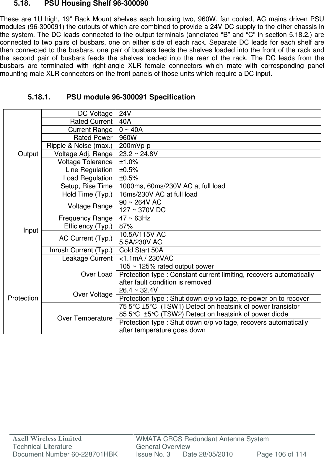 Axell Wireless Limited Technical Literature WMATA CRCS Redundant Antenna System General Overview Document Number 60-228701HBK  Issue No. 3  Date 28/05/2010  Page 106 of 114   5.18.  PSU Housing Shelf 96-300090  These are 1U high, 19” Rack Mount shelves each housing two, 960W, fan cooled, AC mains driven PSU modules (96-300091) the outputs of which are combined to provide a 24V DC supply to the other chassis in the system. The DC leads connected to the output terminals (annotated “B” and “C” in section 5.18.2.) are connected to two pairs of busbars, one on either side of each rack. Separate DC leads for each shelf are then connected to the busbars, one pair of busbars feeds the shelves loaded into the front of the rack and the  second  pair  of  busbars  feeds  the  shelves  loaded  into  the  rear  of  the  rack.  The  DC  leads  from  the busbars  are  terminated  with  right-angle  XLR  female  connectors  which  mate  with  corresponding  panel mounting male XLR connectors on the front panels of those units which require a DC input.   5.18.1.  PSU module 96-300091 Specification  Output DC Voltage 24V  Rated Current 40A  Current Range 0 ~ 40A  Rated Power 960W  Ripple &amp; Noise (max.) 200mVp-p  Voltage Adj. Range 23.2 ~ 24.8V  Voltage Tolerance ±1.0% Line Regulation ±0.5% Load Regulation ±0.5% Setup, Rise Time 1000ms, 60ms/230V AC at full load Hold Time (Typ.) 16ms/230V AC at full load Input Voltage Range 90 ~ 264V AC   127 ~ 370V DC  Frequency Range 47 ~ 63Hz  Efficiency (Typ.) 87%  AC Current (Typ.) 10.5A/115V AC 5.5A/230V AC  Inrush Current (Typ.) Cold Start 50A  Leakage Current &lt;1.1mA / 230VAC  Protection Over Load 105 ~ 125% rated output power  Protection type : Constant current limiting, recovers automatically after fault condition is removed Over Voltage 26.4 ~ 32.4V  Protection type : Shut down o/p voltage, re-power on to recover Over Temperature 75 5°C ±5°C  (TSW1) Detect on heatsink of power transistor  85 5°C  ±5°C (TSW2) Detect on heatsink of power diode Protection type : Shut down o/p voltage, recovers automatically after temperature goes down   