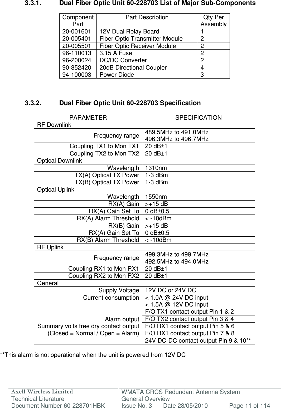 Axell Wireless Limited Technical Literature WMATA CRCS Redundant Antenna System General Overview Document Number 60-228701HBK  Issue No. 3  Date 28/05/2010  Page 11 of 114   3.3.1.  Dual Fiber Optic Unit 60-228703 List of Major Sub-Components  Component Part Part Description  Qty Per Assembly 20-001601  12V Dual Relay Board  1 20-005401  Fiber Optic Transmitter Module  2 20-005501  Fiber Optic Receiver Module  2 96-110013  3.15 A Fuse  2 96-200024  DC/DC Converter  2 90-852420  20dB Directional Coupler  4 94-100003  Power Diode  3    3.3.2.  Dual Fiber Optic Unit 60-228703 Specification  PARAMETER  SPECIFICATION RF Downlink Frequency range 489.5MHz to 491.0MHz 496.3MHz to 496.7MHz Coupling TX1 to Mon TX1 20 dB±1 Coupling TX2 to Mon TX2 20 dB±1 Optical Downlink Wavelength 1310nm TX(A) Optical TX Power 1-3 dBm TX(B) Optical TX Power 1-3 dBm Optical Uplink Wavelength 1550nm RX(A) Gain &gt;+15 dB RX(A) Gain Set To 0 dB±0.5 RX(A) Alarm Threshold &lt; -10dBm RX(B) Gain &gt;+15 dB RX(A) Gain Set To 0 dB±0.5 RX(B) Alarm Threshold &lt; -10dBm RF Uplink Frequency range 499.3MHz to 499.7MHz 492.5MHz to 494.0MHz Coupling RX1 to Mon RX1 20 dB±1 Coupling RX2 to Mon RX2 20 dB±1 General Supply Voltage 12V DC or 24V DC Current consumption &lt; 1.0A @ 24V DC input &lt; 1.5A @ 12V DC input Alarm output Summary volts free dry contact output (Closed = Normal / Open = Alarm) F/O TX1 contact output Pin 1 &amp; 2 F/O TX2 contact output Pin 3 &amp; 4 F/O RX1 contact output Pin 5 &amp; 6 F/O RX1 contact output Pin 7 &amp; 8 24V DC-DC contact output Pin 9 &amp; 10**  **This alarm is not operational when the unit is powered from 12V DC  