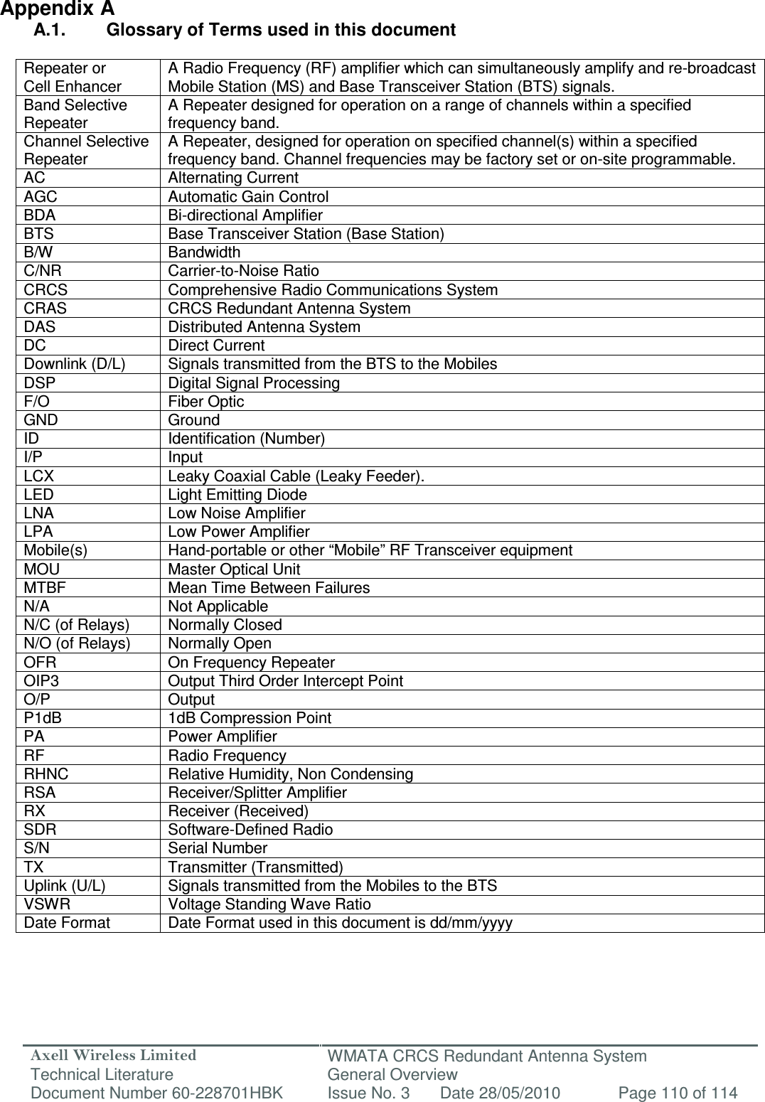 Axell Wireless Limited Technical Literature WMATA CRCS Redundant Antenna System General Overview Document Number 60-228701HBK  Issue No. 3  Date 28/05/2010  Page 110 of 114   Appendix A A.1.  Glossary of Terms used in this document  Repeater or Cell Enhancer A Radio Frequency (RF) amplifier which can simultaneously amplify and re-broadcast Mobile Station (MS) and Base Transceiver Station (BTS) signals. Band Selective  Repeater A Repeater designed for operation on a range of channels within a specified frequency band. Channel Selective Repeater A Repeater, designed for operation on specified channel(s) within a specified frequency band. Channel frequencies may be factory set or on-site programmable. AC  Alternating Current AGC  Automatic Gain Control BDA  Bi-directional Amplifier BTS  Base Transceiver Station (Base Station) B/W  Bandwidth C/NR  Carrier-to-Noise Ratio CRCS  Comprehensive Radio Communications System CRAS  CRCS Redundant Antenna System DAS  Distributed Antenna System DC  Direct Current Downlink (D/L)  Signals transmitted from the BTS to the Mobiles DSP  Digital Signal Processing F/O  Fiber Optic GND  Ground ID  Identification (Number) I/P  Input LCX  Leaky Coaxial Cable (Leaky Feeder). LED  Light Emitting Diode LNA  Low Noise Amplifier LPA  Low Power Amplifier Mobile(s)  Hand-portable or other “Mobile” RF Transceiver equipment MOU  Master Optical Unit MTBF  Mean Time Between Failures N/A  Not Applicable N/C (of Relays)  Normally Closed N/O (of Relays)  Normally Open OFR  On Frequency Repeater OIP3  Output Third Order Intercept Point O/P  Output P1dB  1dB Compression Point PA  Power Amplifier RF  Radio Frequency RHNC  Relative Humidity, Non Condensing RSA  Receiver/Splitter Amplifier RX  Receiver (Received) SDR  Software-Defined Radio S/N  Serial Number TX  Transmitter (Transmitted) Uplink (U/L)  Signals transmitted from the Mobiles to the BTS VSWR  Voltage Standing Wave Ratio Date Format  Date Format used in this document is dd/mm/yyyy   