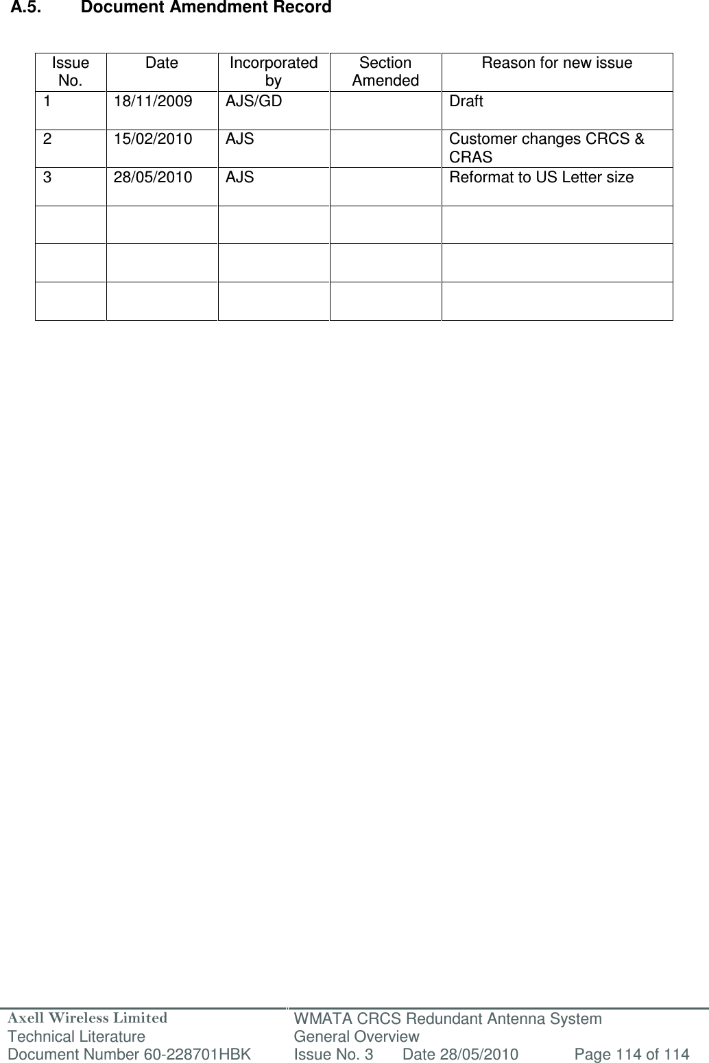 Axell Wireless Limited Technical Literature WMATA CRCS Redundant Antenna System General Overview Document Number 60-228701HBK  Issue No. 3  Date 28/05/2010  Page 114 of 114   A.5.  Document Amendment Record                        Issue No. Date  Incorporated by Section Amended Reason for new issue 1  18/11/2009  AJS/GD    Draft 2  15/02/2010  AJS    Customer changes CRCS &amp; CRAS 3  28/05/2010  AJS    Reformat to US Letter size                            
