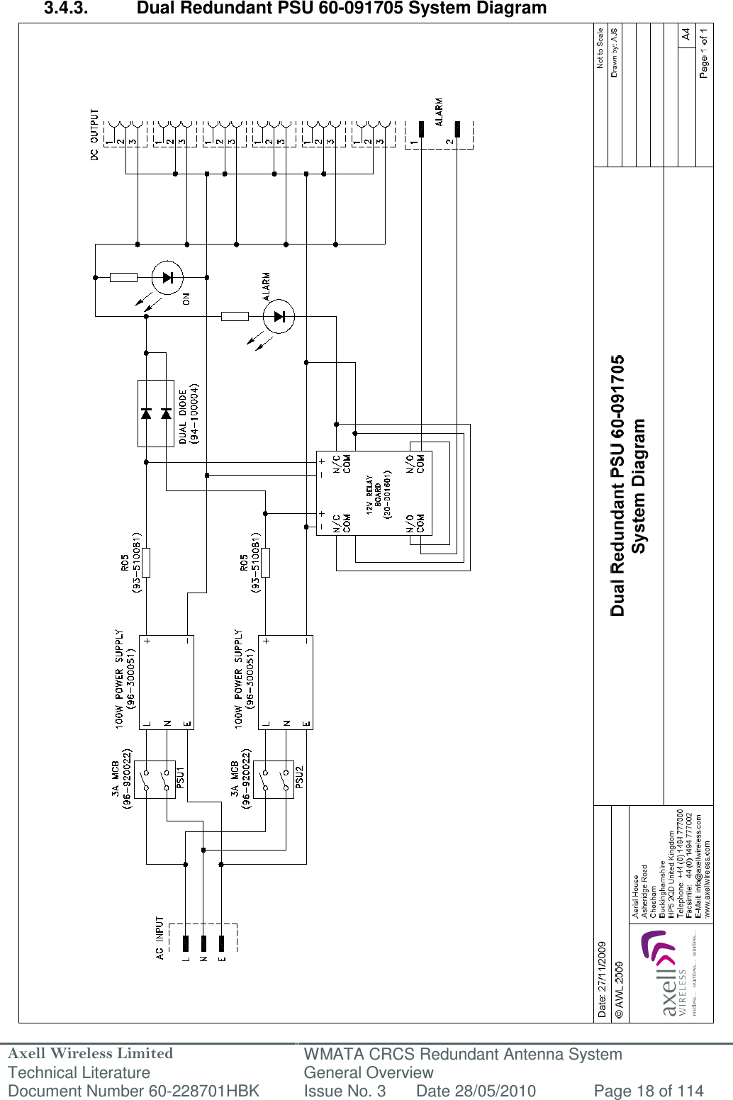 Axell Wireless Limited Technical Literature WMATA CRCS Redundant Antenna System General Overview Document Number 60-228701HBK  Issue No. 3  Date 28/05/2010  Page 18 of 114   3.4.3.  Dual Redundant PSU 60-091705 System Diagram                                            