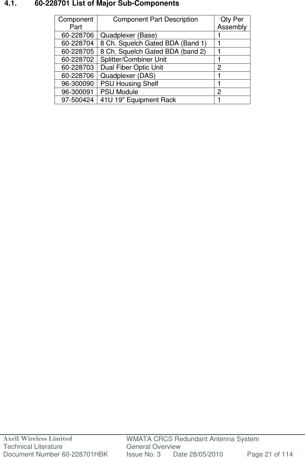 Axell Wireless Limited Technical Literature WMATA CRCS Redundant Antenna System General Overview Document Number 60-228701HBK  Issue No. 3  Date 28/05/2010  Page 21 of 114   4.1.  60-228701 List of Major Sub-Components  Component Part Component Part Description  Qty Per Assembly 60-228706 Quadplexer (Base)  1 60-228704 8 Ch. Squelch Gated BDA (Band 1)  1 60-228705 8 Ch. Squelch Gated BDA (band 2)  1 60-228702 Splitter/Combiner Unit  1 60-228703 Dual Fiber Optic Unit  2 60-228706 Quadplexer (DAS)  1 96-300090 PSU Housing Shelf  1 96-300091 PSU Module  2 97-500424 41U 19&quot; Equipment Rack  1   