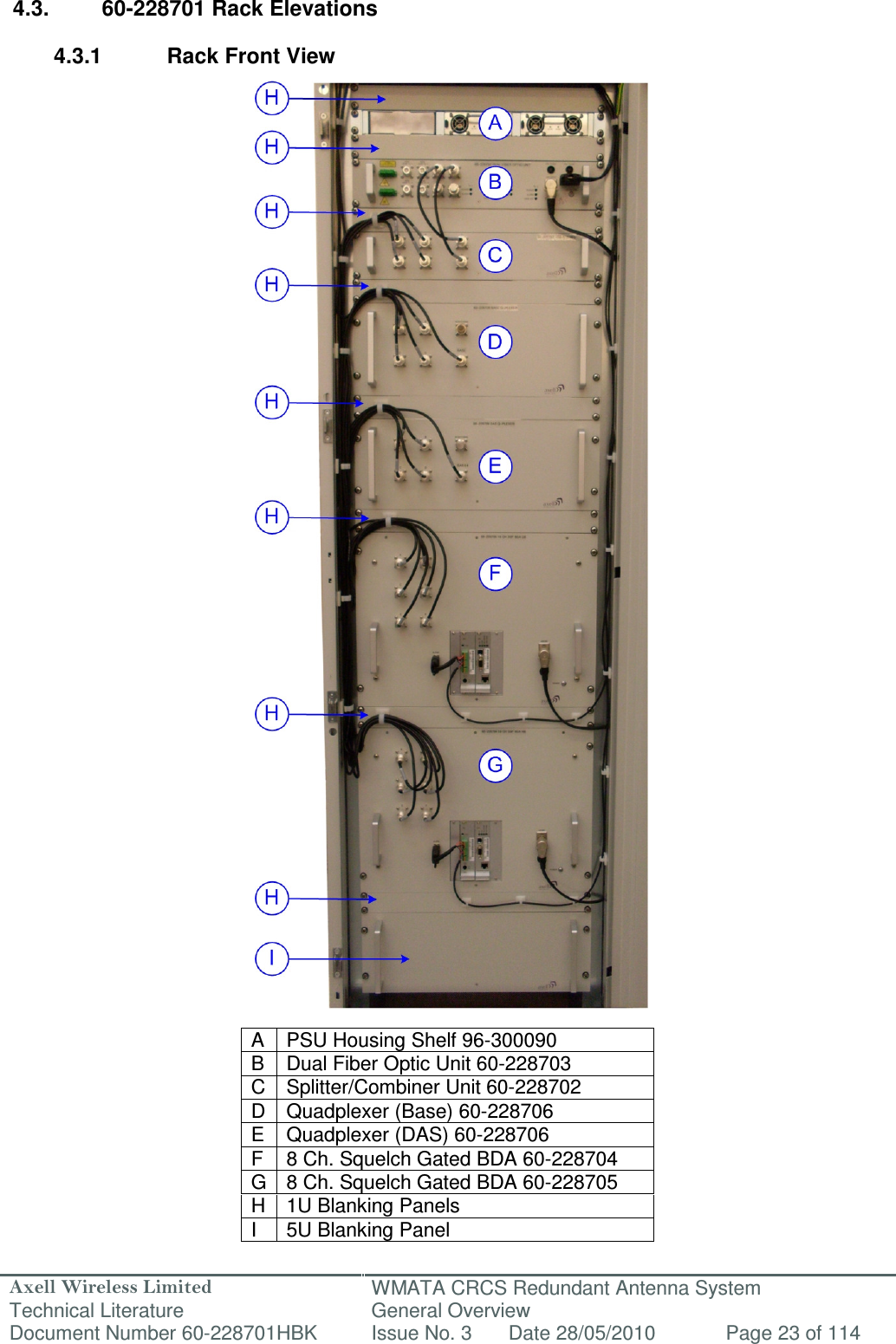 Axell Wireless Limited Technical Literature WMATA CRCS Redundant Antenna System General Overview Document Number 60-228701HBK  Issue No. 3  Date 28/05/2010  Page 23 of 114   4.3.  60-228701 Rack Elevations  4.3.1  Rack Front View                                           A  PSU Housing Shelf 96-300090 B  Dual Fiber Optic Unit 60-228703 C Splitter/Combiner Unit 60-228702 D Quadplexer (Base) 60-228706 E  Quadplexer (DAS) 60-228706 F  8 Ch. Squelch Gated BDA 60-228704 G 8 Ch. Squelch Gated BDA 60-228705 H 1U Blanking Panels I  5U Blanking Panel 