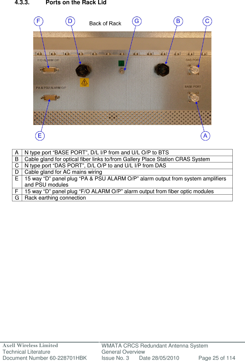 Axell Wireless Limited Technical Literature WMATA CRCS Redundant Antenna System General Overview Document Number 60-228701HBK  Issue No. 3  Date 28/05/2010  Page 25 of 114    4.3.3.  Ports on the Rack Lid                        A  N type port “BASE PORT”, D/L I/P from and U/L O/P to BTS B  Cable gland for optical fiber links to/from Gallery Place Station CRAS System C  N type port “DAS PORT”, D/L O/P to and U/L I/P from DAS D  Cable gland for AC mains wiring E  15 way “D” panel plug “PA &amp; PSU ALARM O/P” alarm output from system amplifiers and PSU modules F  15 way “D” panel plug “F/O ALARM O/P” alarm output from fiber optic modules G Rack earthing connection     