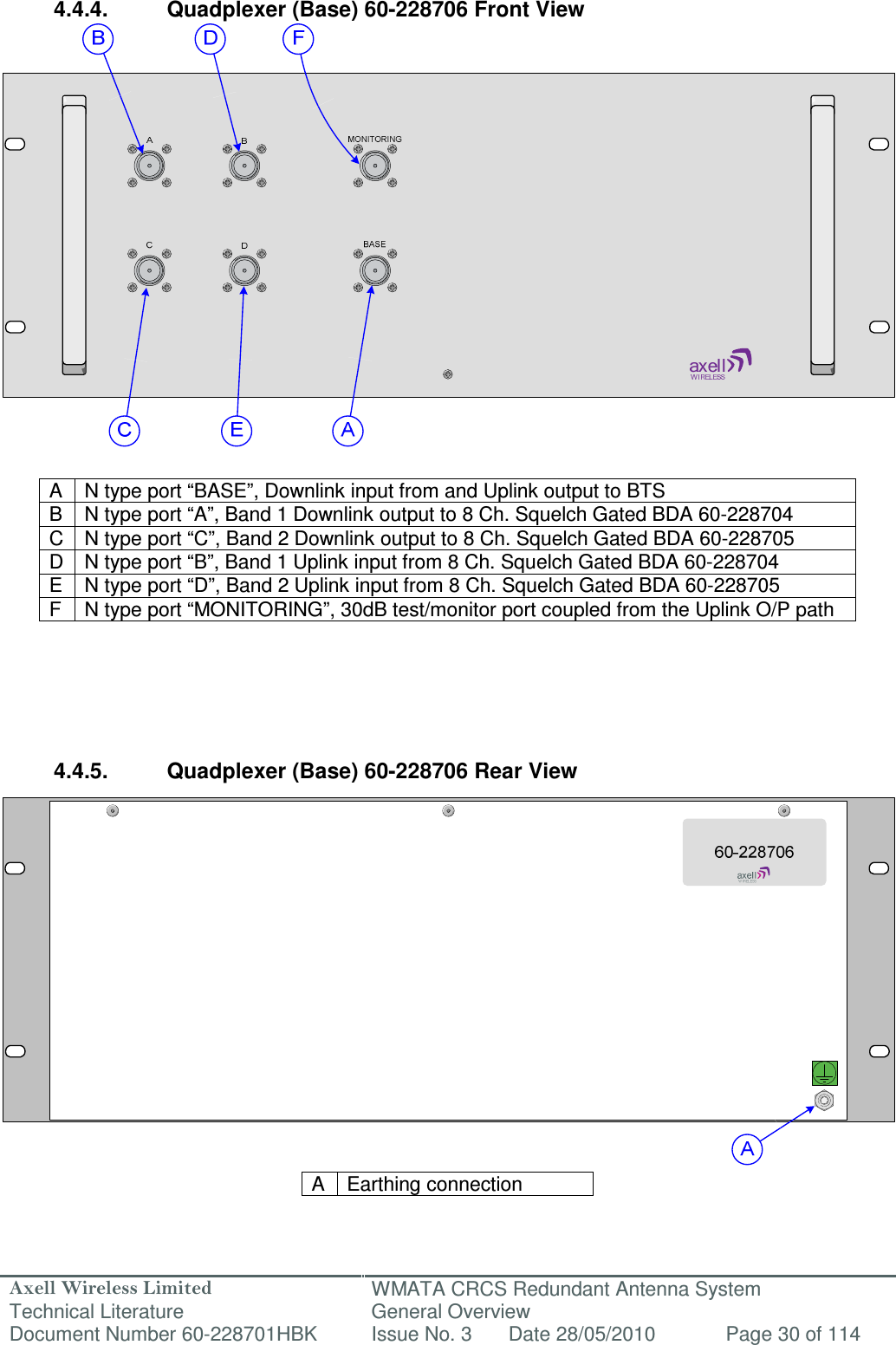 Axell Wireless Limited Technical Literature WMATA CRCS Redundant Antenna System General Overview Document Number 60-228701HBK  Issue No. 3  Date 28/05/2010  Page 30 of 114   4.4.4.  Quadplexer (Base) 60-228706 Front View                     A  N type port “BASE”, Downlink input from and Uplink output to BTS B  N type port “A”, Band 1 Downlink output to 8 Ch. Squelch Gated BDA 60-228704 C N type port “C”, Band 2 Downlink output to 8 Ch. Squelch Gated BDA 60-228705 D N type port “B”, Band 1 Uplink input from 8 Ch. Squelch Gated BDA 60-228704 E  N type port “D”, Band 2 Uplink input from 8 Ch. Squelch Gated BDA 60-228705 F  N type port “MONITORING”, 30dB test/monitor port coupled from the Uplink O/P path       4.4.5.  Quadplexer (Base) 60-228706 Rear View                  A  Earthing connection   